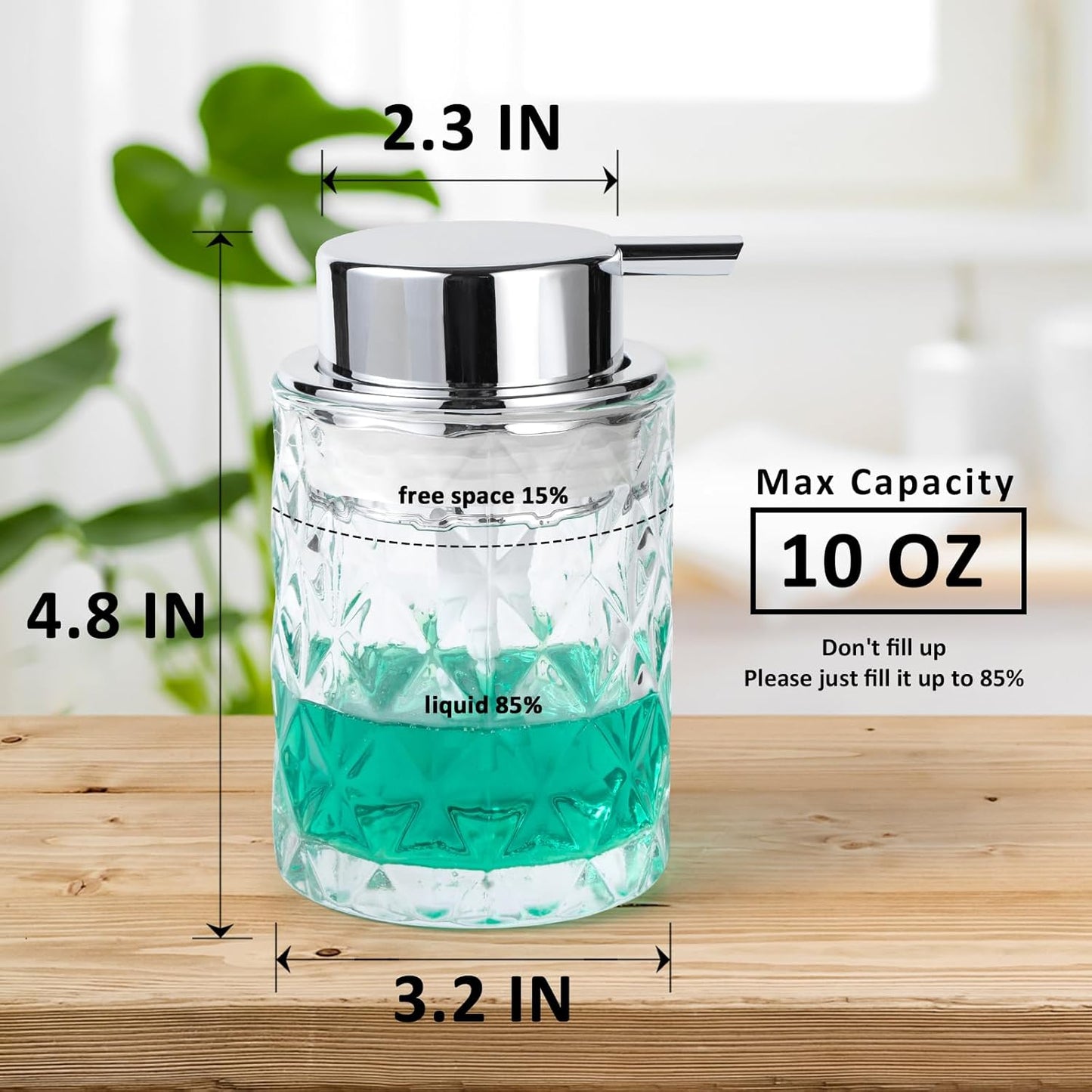 Bathroom Glass Soap Dispenser with Durable Rust-Proof Plastic Liquid Pump (Can't Foam) Hand Lotion Dispenser Antislip Shampoo Kitchen 10oz