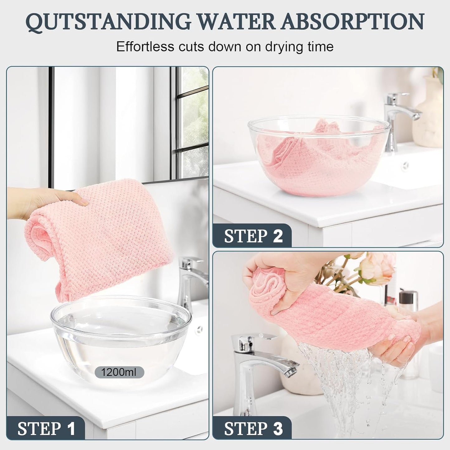 BEoffer 2 Pack Microfiber Hair Towel - 41 x 24 inches Super Soft, Absorbent, Fast Drying Without Frizz Hair Towel Wrap for Women Long, Thick, Curly Hair - Hair Turbans with Elastic Strap