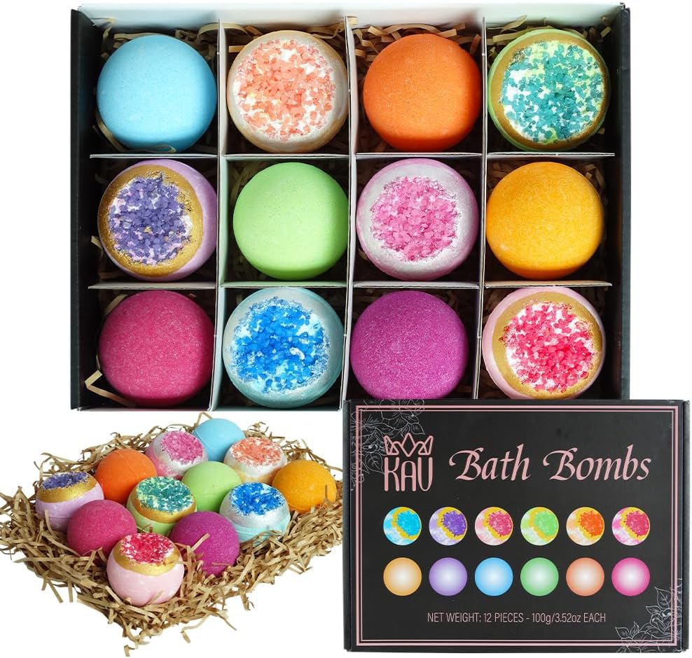 KAV Bath Bombs Set of 12 for Women — Natural Geode Bathbombs for Girls, Tweens | Organic Bath Bomb Giftset with Various Scents and Colors | Moisturizing Spa Fizzies — Essential Oil Infused Gift-Ready