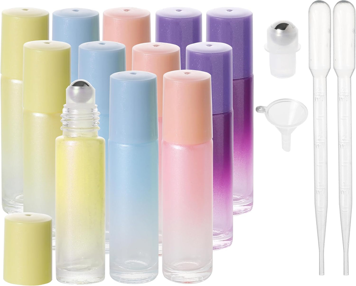 Essential Oil Roller Bottles, 10ml Thick Glass Perfume Roller Bottles with Funnel Opener and Dropper (Multicolor, 12 Pack)