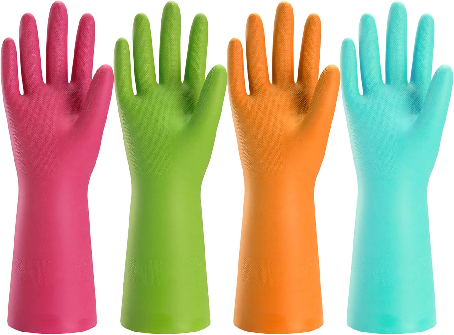 Bamllum Rubber Cleaning Gloves for Kitchen - 4 Pairs Reusable Dishwashing Gloves for Household, Flexible Long-lasting & Waterproof (Large, Blue+Green+Red+Orange)