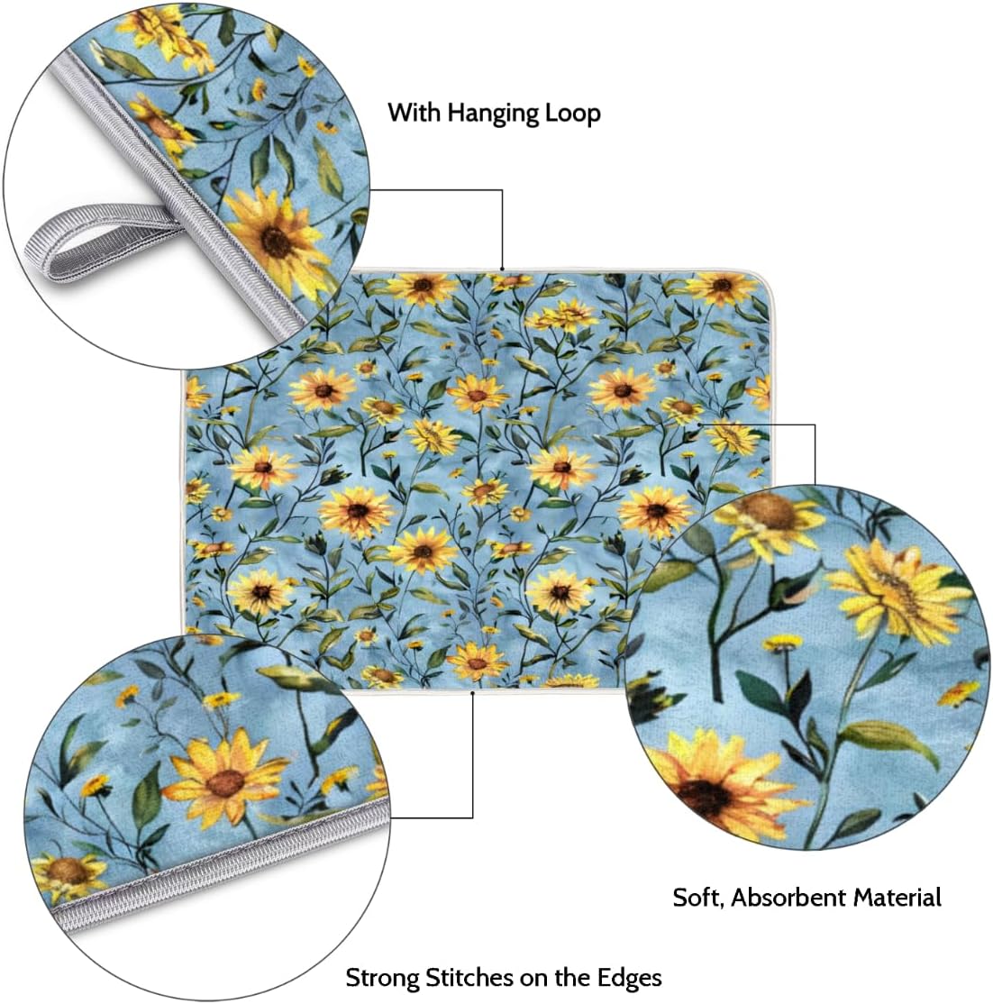 Hexteria Sunflower Dish Drying Mats for Kitchen Counter, Quick Dry Dish Mat 16 x 18 Inches, Dishes Draining Mats Foldable Dish Rack Pad, Sunflower