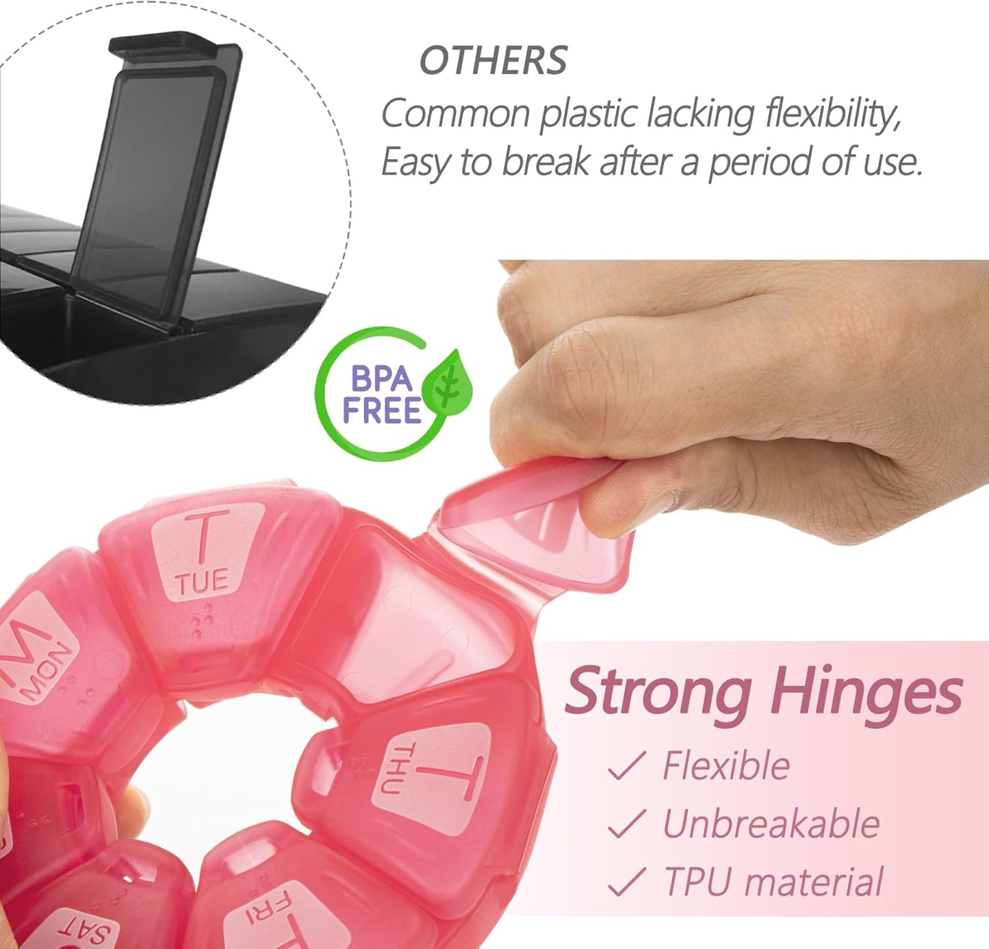 Round Weekly Pill Organizer, TPU Rubberized, Travel Pill Container 7 Day, with 7 Large Compartments, Cute Pill Case with Large Letters and Braille (2 pcs Green Rose)