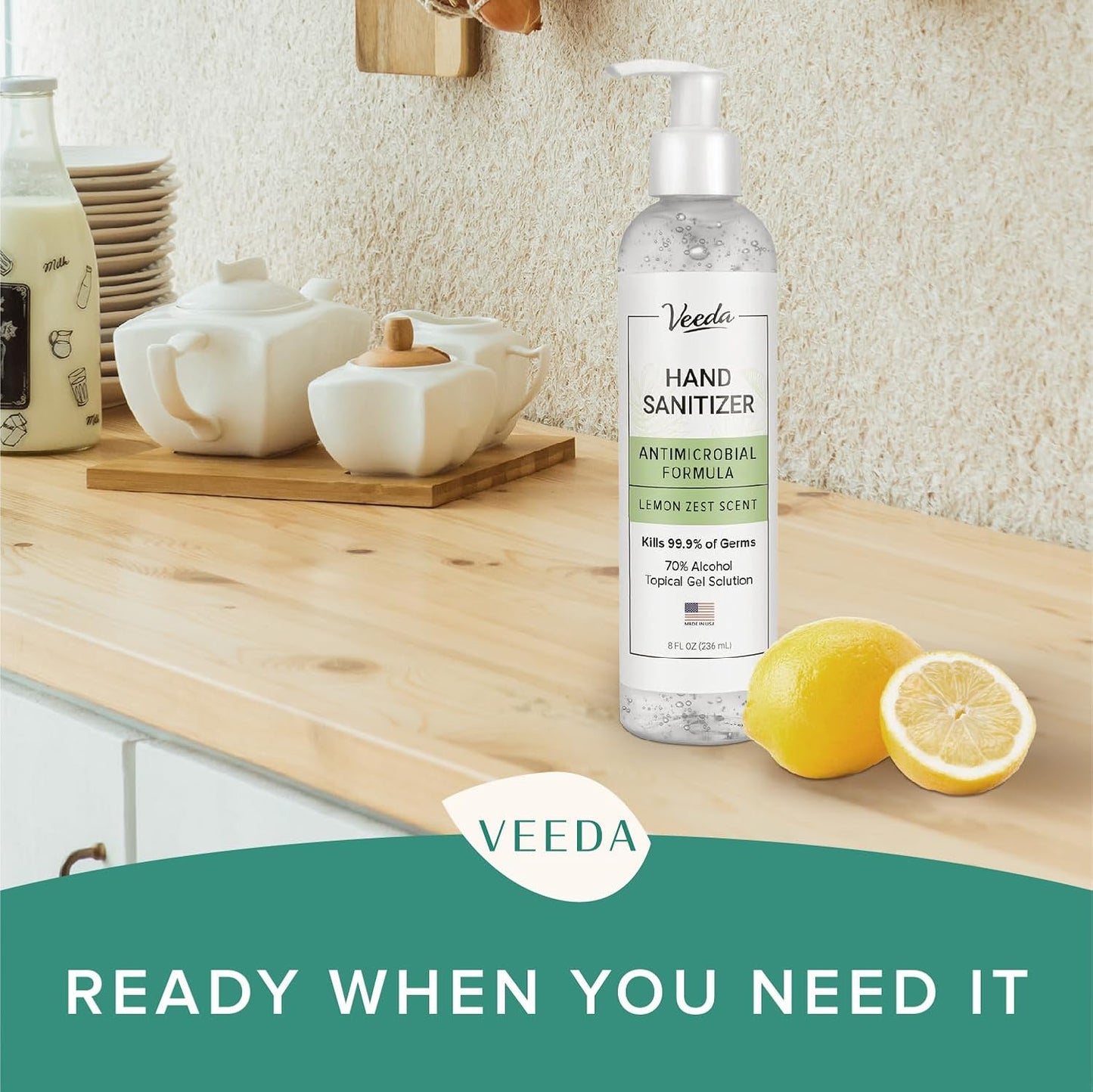 Veeda Scented Hand Sanitizer with Lemon Zest Scent - Moisturizing Clear Gel with Vitamin E & Antimicrobial Formula- Contains 70% Ethyl Alcohol - Hand Sanitizer Travel Size, Made in USA (2 x 8 oz. fl)
