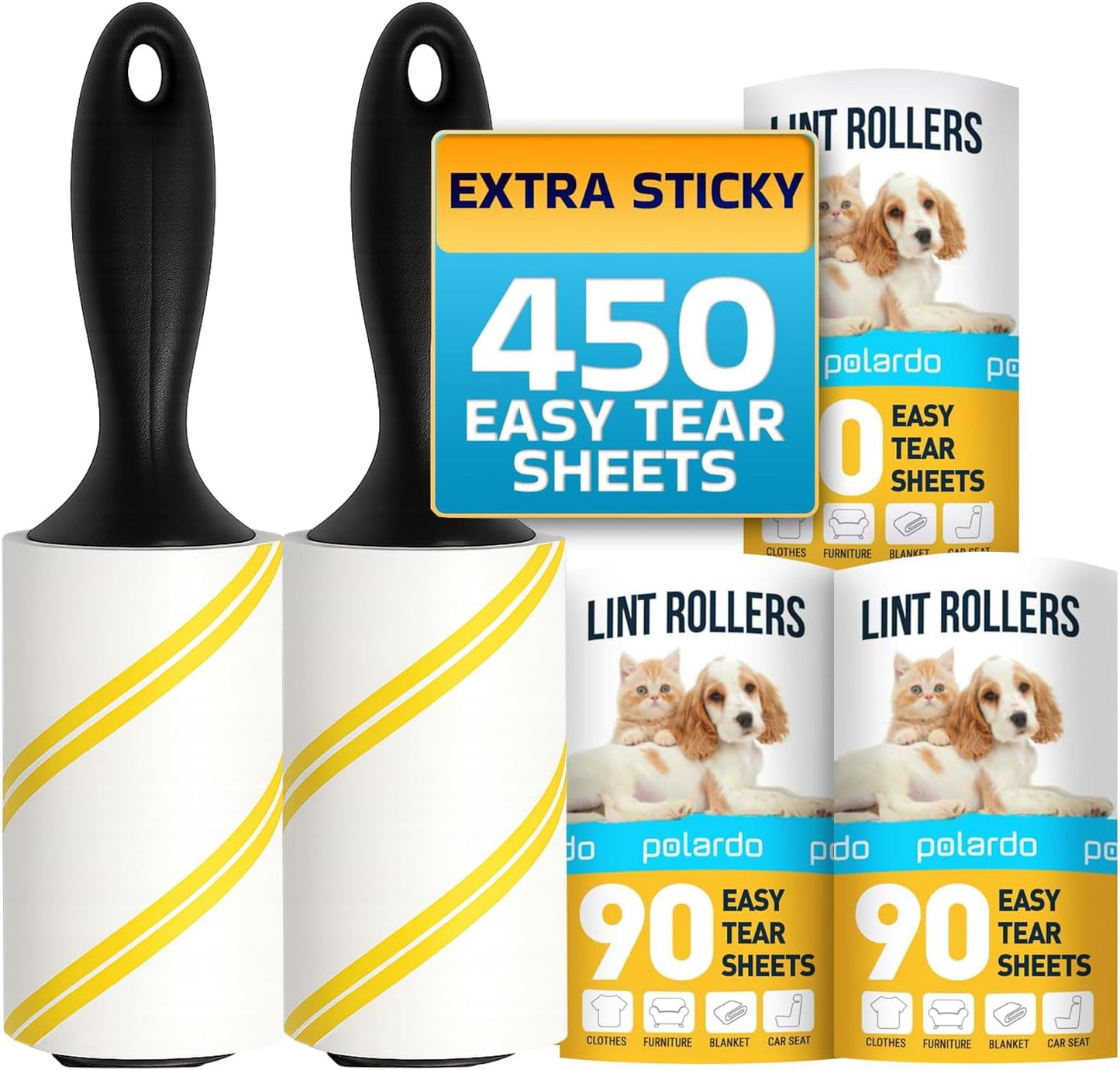 Lint Rollers for Pet Hair, Sticky, Remover for Couch, Clothes Furniture and Carpet. Lint Roller Dog Hair Remover Cat Hair, Animal Hair, Pet Fur, Fuzz. 5 Large Pet Hair Lint Rollers White