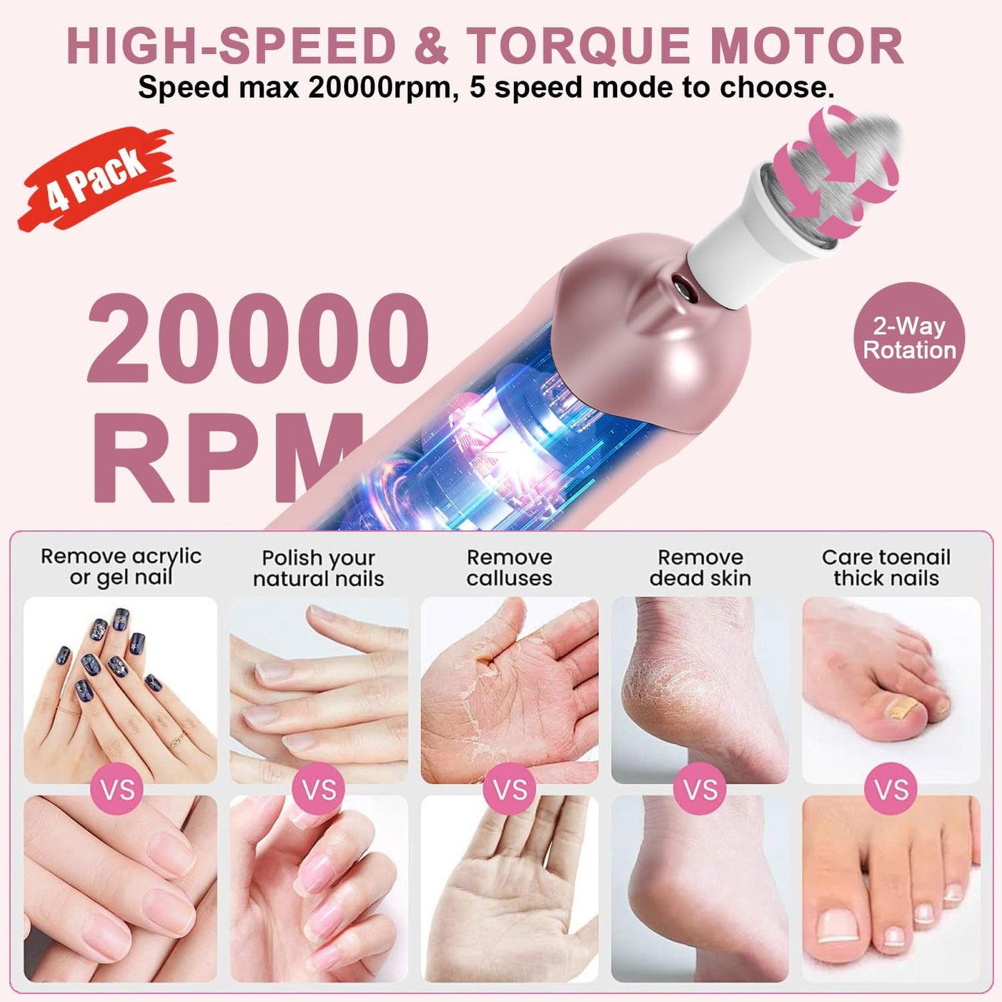 4 Pack 9-in-1 Nail Grinder Kit Salon-Quality Nails with 100 Bits, Cordless Nail File, 5 Adjustable Speeds,Pink