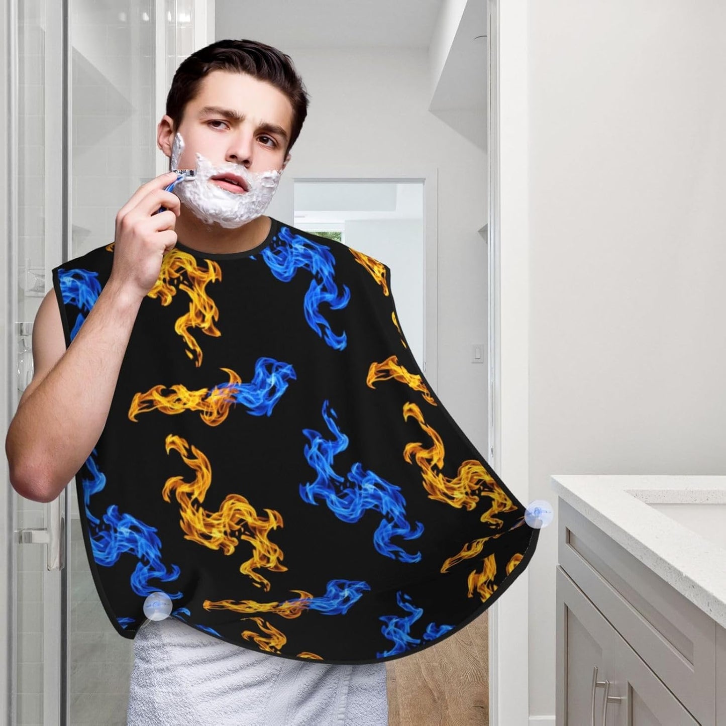 Adjustable Non-Stick Beard Apron, Hair Catcher Cape for Shaving Grooming, Waterproof with Suction Cups Men, Red Blue Fire Shave Bib