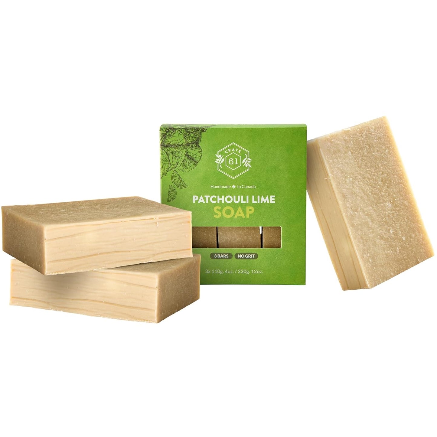 Crate 61, Handmade in Canada, Plant Based Cold Process Natural Bar Soap For Face And Body, With Premium Essential Oils, For Men And Women 3 Pack (Patchouli Lime)