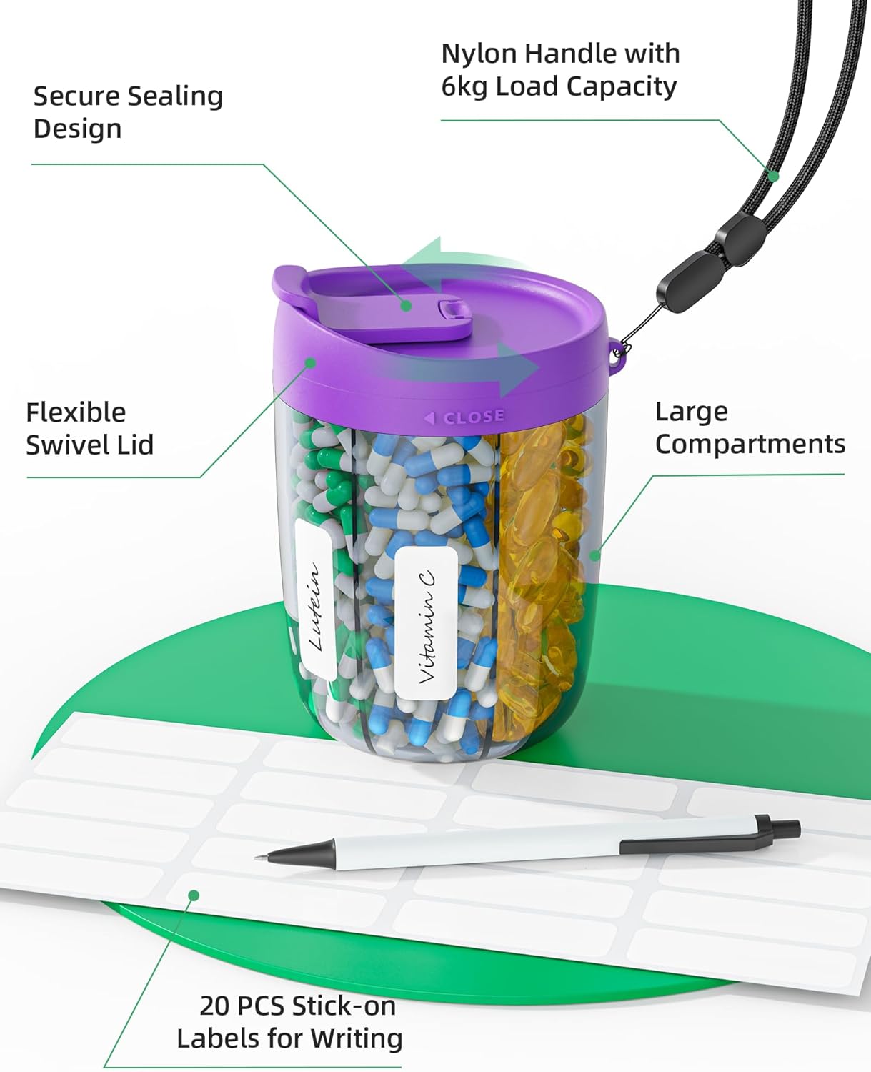 PULIV Large Supplement Organizer Bottle, Holds Plenty of 6 Various Vitamins in 1 Pill Dispenser with Anti-Mixing & Wide Openings Design, Easy to Retrieve Meds, Includes 20 Pcs Labels Dark Purple