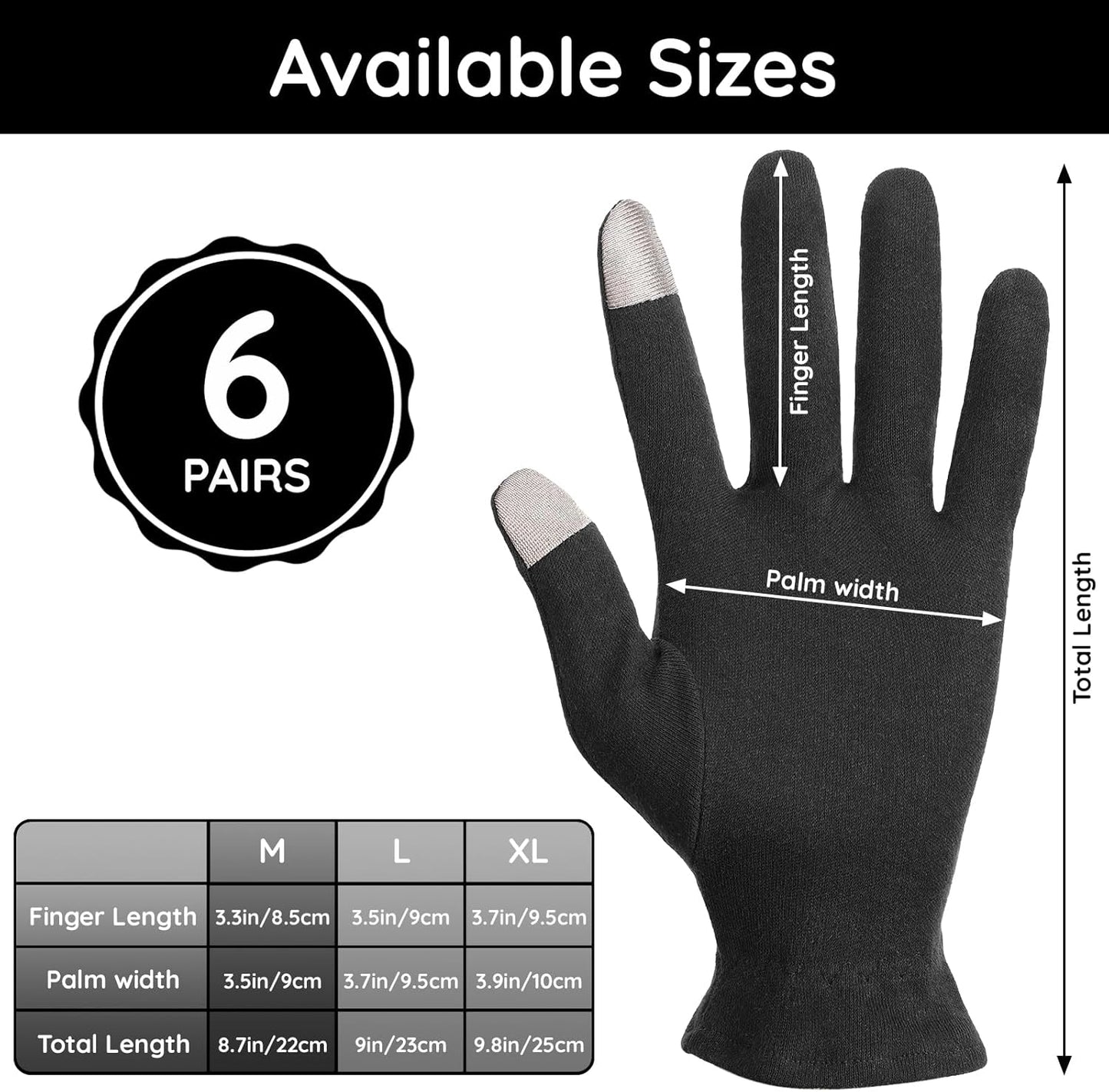 Segbeauty 12 Counts Touchscreen Black Cotton Gloves Black with Elastic Band, 6 Pair Touch Screen Hand Moisturizing Cotton Gloves for Dry Hands Sleeping Overnignt, Reusable Hand Care Spa Moisture Glove