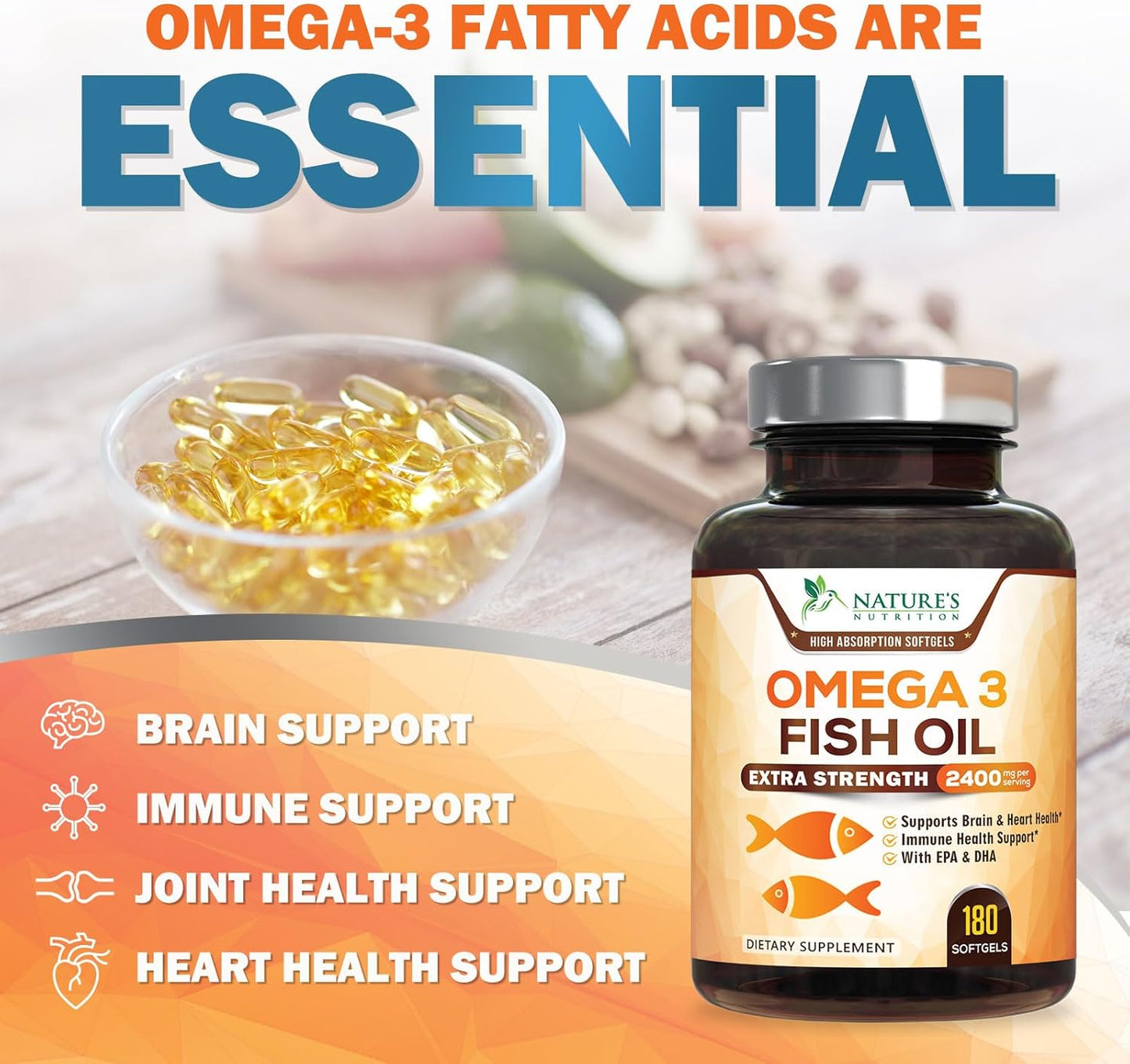 Omega 3 Fish Oil 2400 mg – Triple Strength EPA & DHA Fatty Acids for Heart, Brain & Joint Support – Wild-Caught, Burpless, Lemon Flavor Supplement – Natural, Non-GMO, Gluten-Free – 180 Softgels