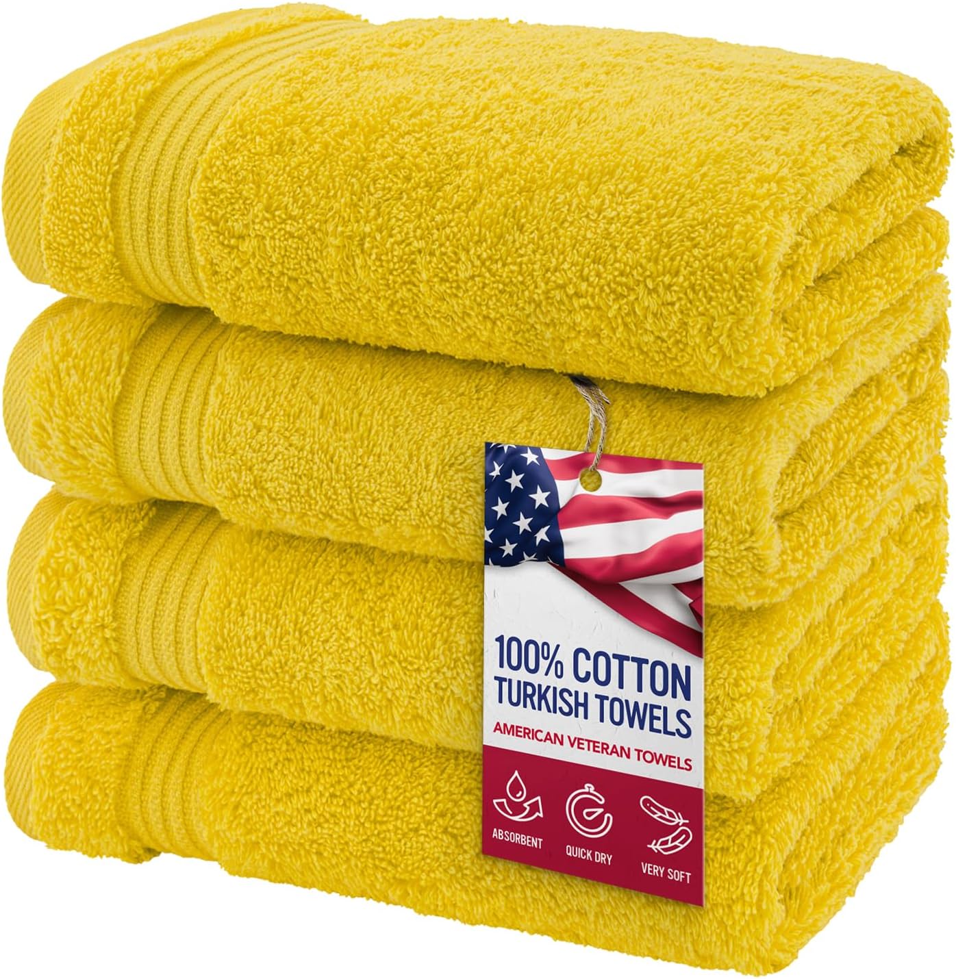 American Veteran Towel, Hand Towels for Bathroom Set of 4, 100% Cotton Turkish Hand Towel Sets, Soft Hand Face Towels, Yellow Hand Towels