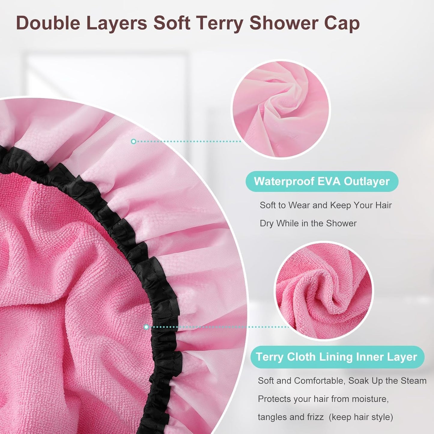 2 Pcs 13.5" Dual Waterproof Design Adjustable Terry Shower Cap for Women and Men, EVA Double Layer Bath Cap Reusable for Braids, Long Hair, Dreadlocks