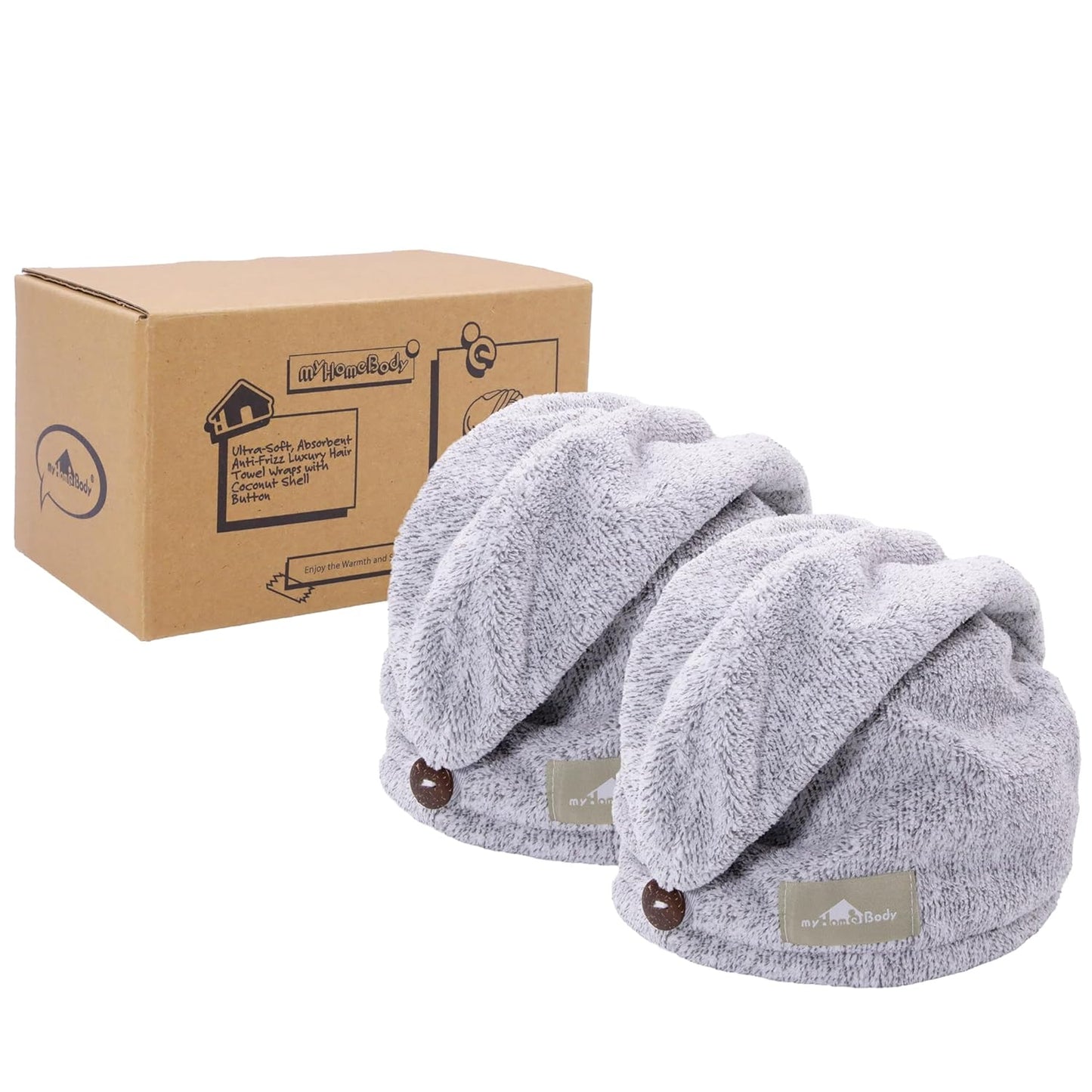 myHomeBody Hair Towel Wrap, Luxury Quick Drying Turban, Ultra Soft Absorbent Charcoal Fiber Cap, with Coconut Shell Button – 2 Pack