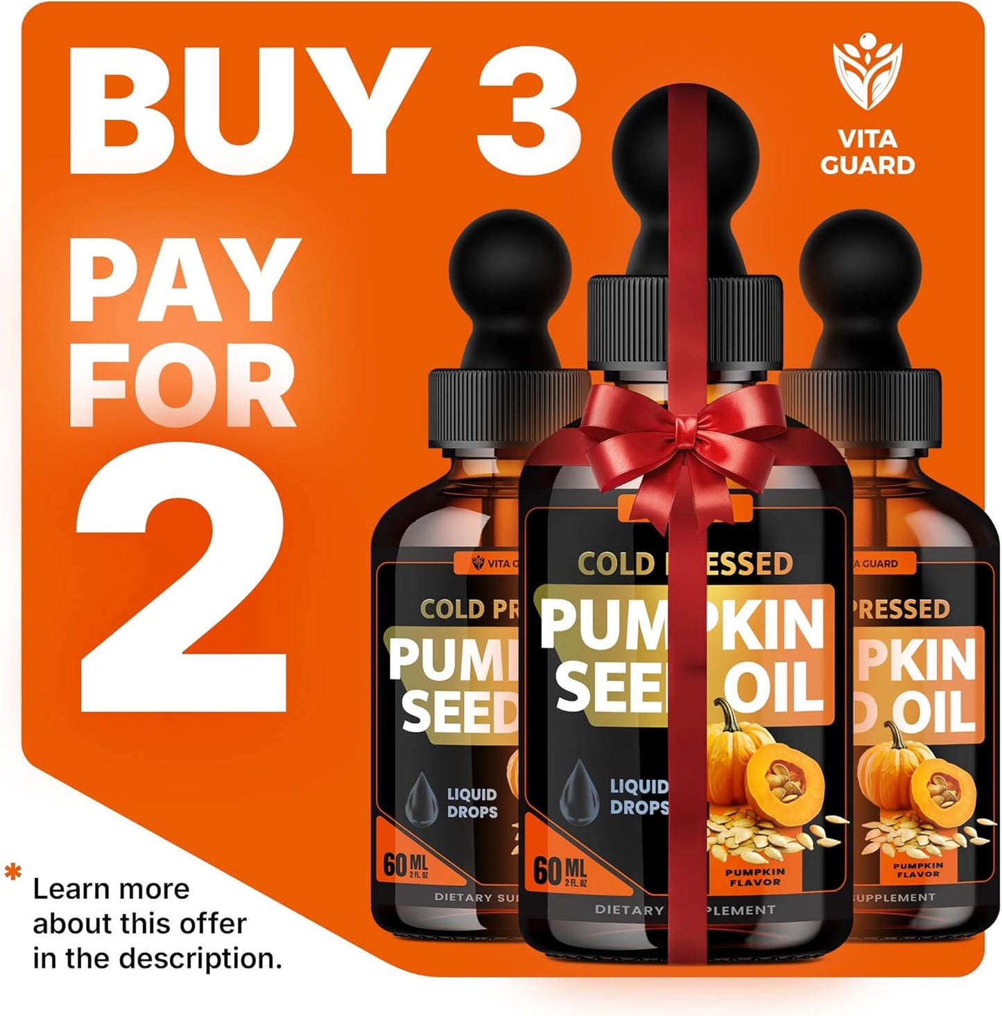 Cold Pressed Pumpkin Seed Oil Liquid Drops – 2000mg per Serving | Vegan, Gluten-Free, Non-GMO | Hair, Skin & Prostate Support | Natural Pumpkin Flavor | 60ml Dietary Supplement