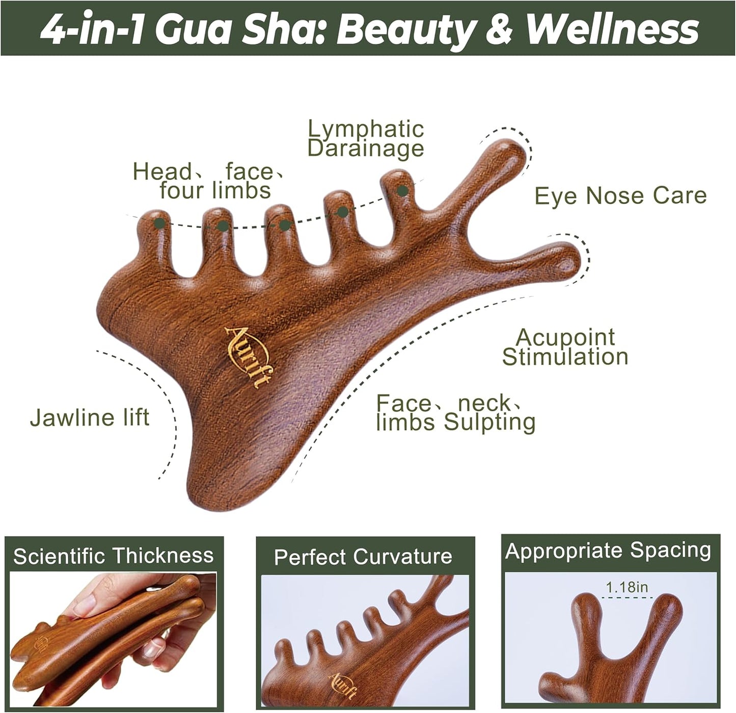 4-in-1 Gua Sha Tool with Massage Comb Set, Massager Tool for Face & Body– Lymphatic Drainage, Face Sculpting & Jaw Lifting,Scalp Massage Tool for Stress Relief, Self Care Gifts for Women