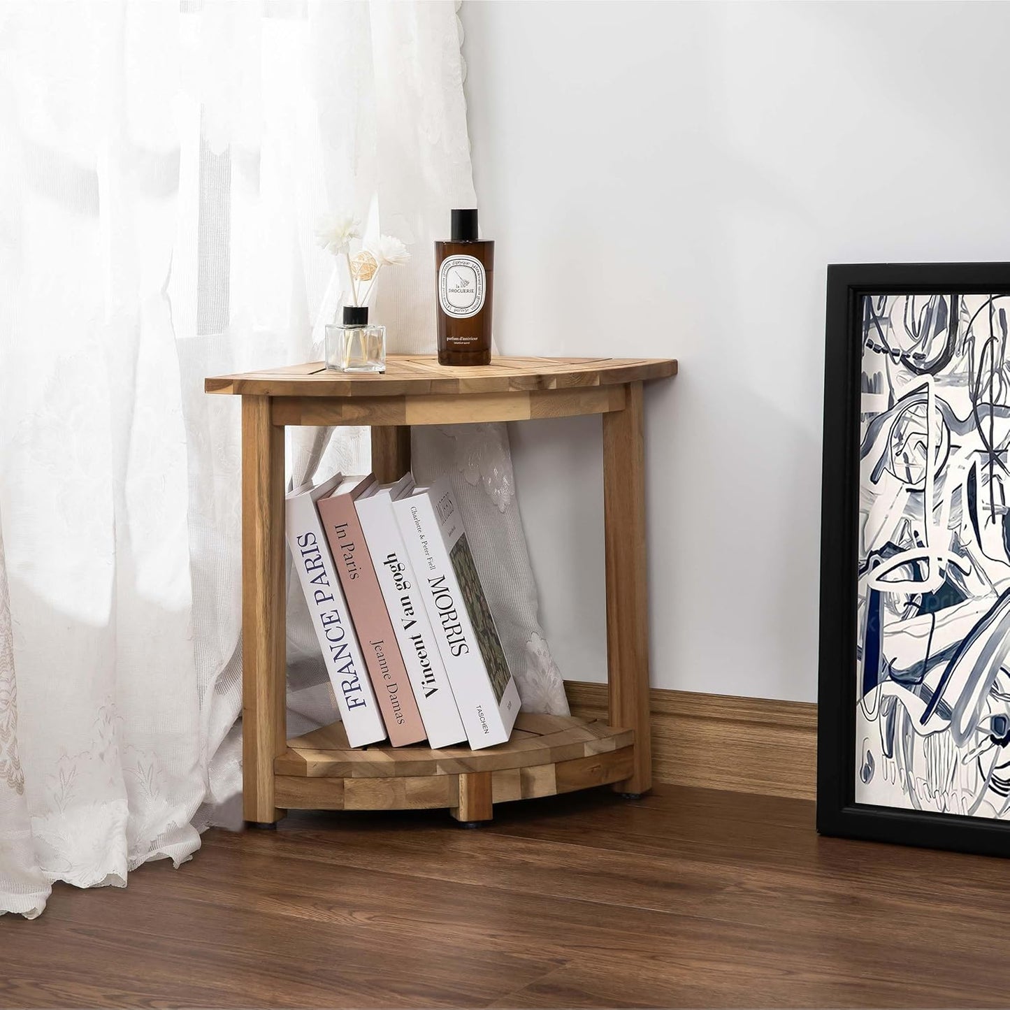 Acacia Corner Shower Stool, Waterproof Spa Foot Rest & Bath Bench with Storage Shelf & Soap Dish, Ideal for Bathroom, Shaving Legs, or as Small Corner Table/Step Stool (Light Natural)