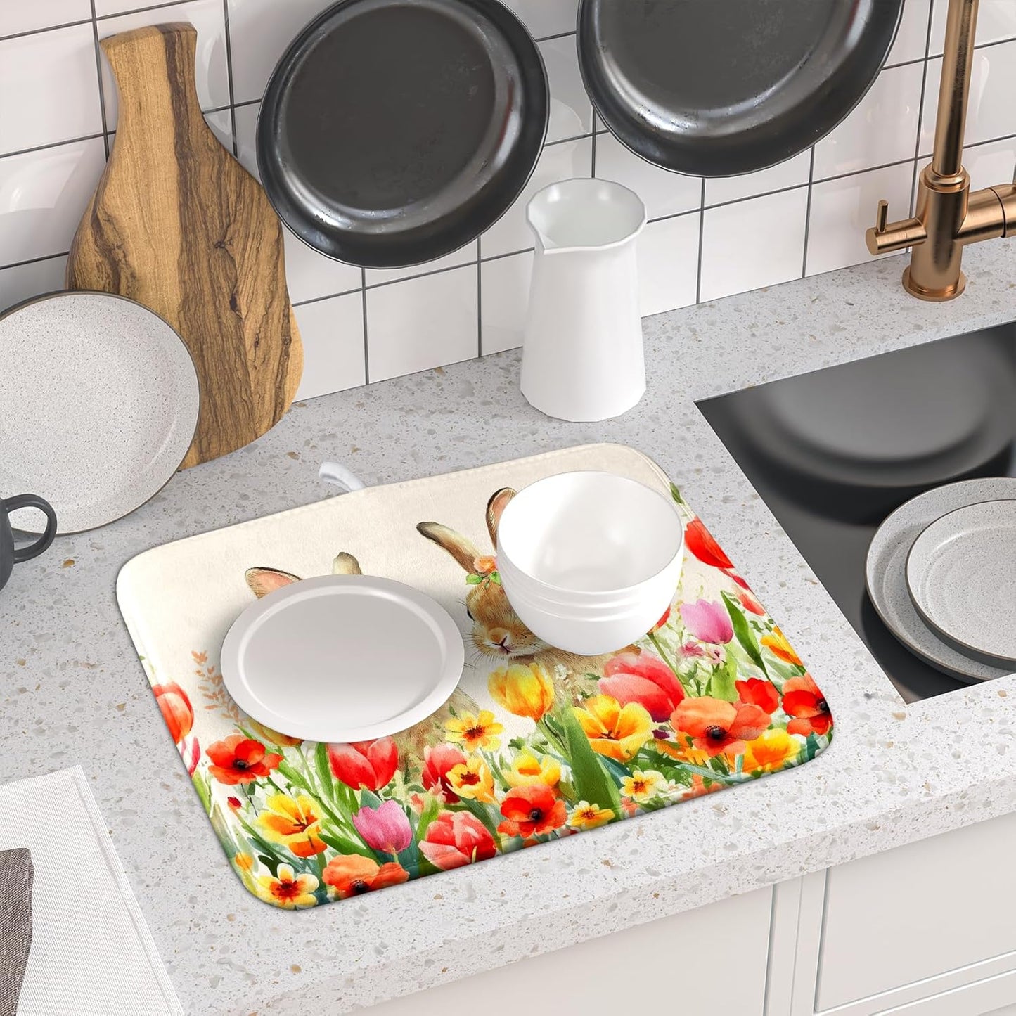 Easter Bunny Dish Drying Mat 16x18 inch Spring Floral Drying Pad Holiday Absorbent Microfiber Dishes Drainer Protector for Kitchen Counter