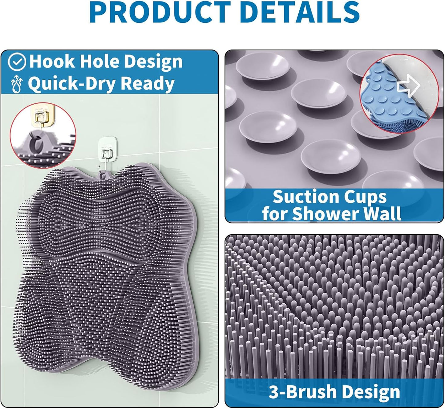 Show Foot Scrubber Mat & Silicone Back Scrubber with Butterfly Form Design,3 Brush Designs for Deep Cleaning Shower Foot Scrubber Mat, Wall Mounted Back Scrubber Silicone Bath(Grey)