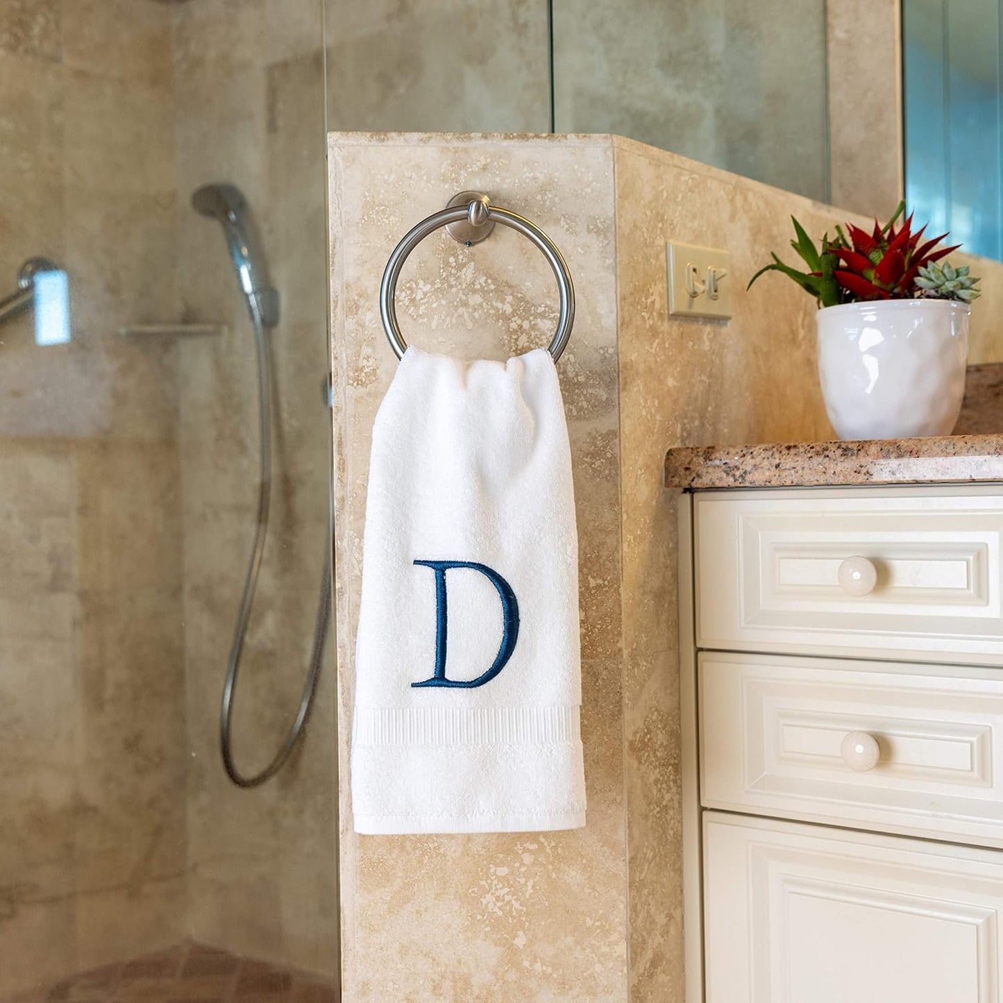 Monogrammed Hand Towels for Bathroom - Luxury Hotel Quality Personalized Initial Decorative Embroidered Bath Towel for Powder Room, Spa - GOTS Organic Certified - Set of 2 Navy Letter D