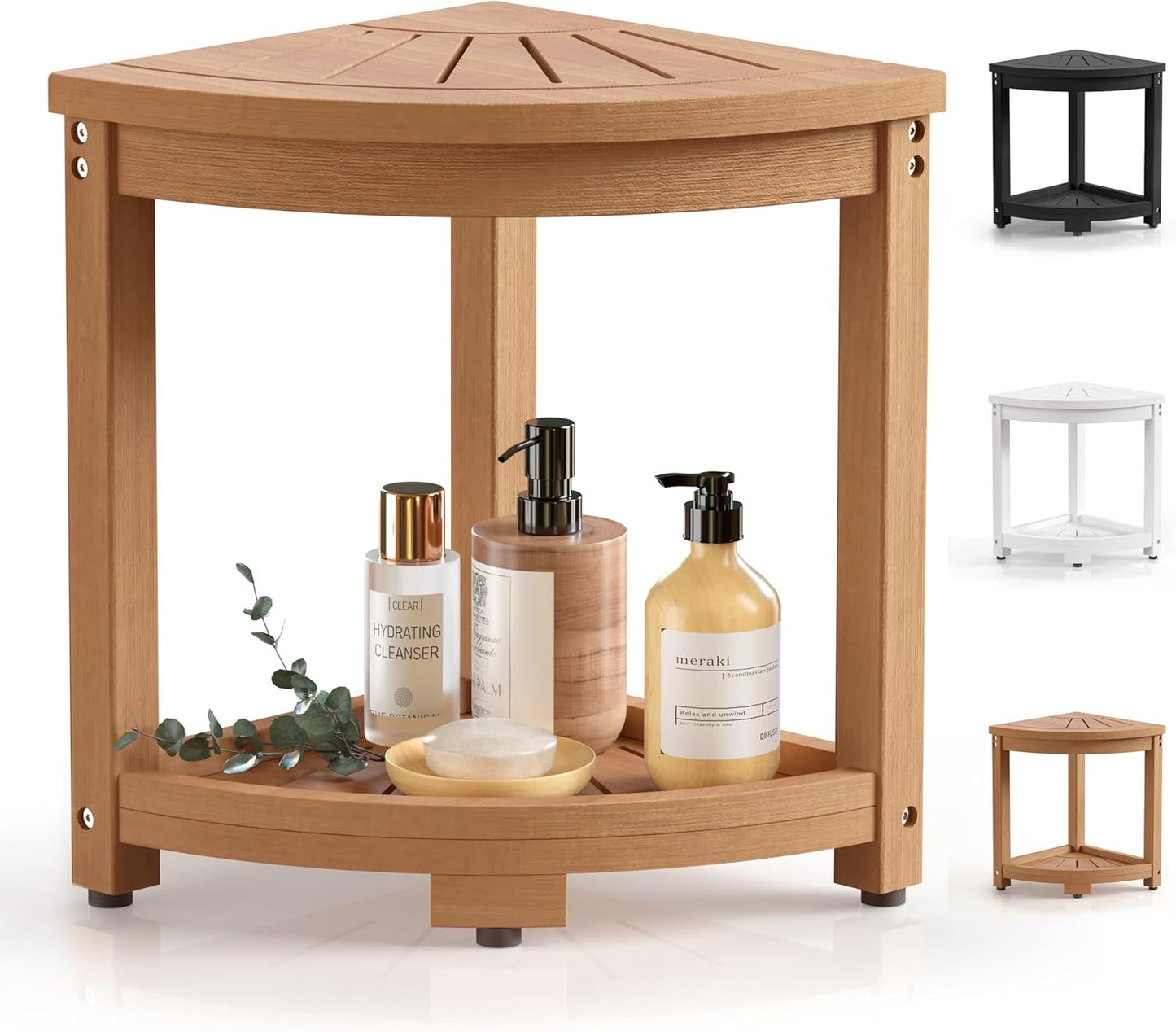 Corner Shower Stool for Inside Shower, HIPS Waterproof Shower Bench Seat Chair, Plastic Bath Shower Stool for Shaving Legs Foot Rest with Storage Shelf, Adjustable & Non-Slip Feet, Teak Brown