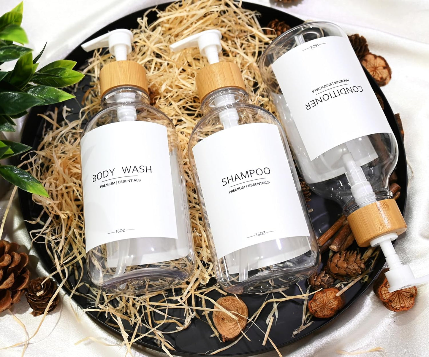 Shower Shampoo and Conditioner Bottles, Apothecary Dispenser Bamboo Pump, Refillable Bottles for Lotion Oil Hand Soap and Dish Soap, Plastic Set (3 Bottles 9 Labels) (6, Clear)