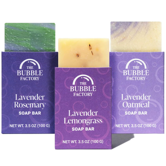 The Bubble Factory Handmade Natural Bath & Body Soap Bar, Vegan, All-Natural, Palm Oil Free, Made in USA with Shea Butter + Essential Oils, Lavender Collection, 3 Bars