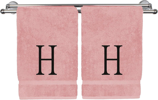 Monogrammed Hand Towel, Personalized Initial Gift, Extra Absorbent 100% Turkish Cotton - Soft Terry Finish - Set of 2 - Black Block Initial H - Embroidered on Pink Towels