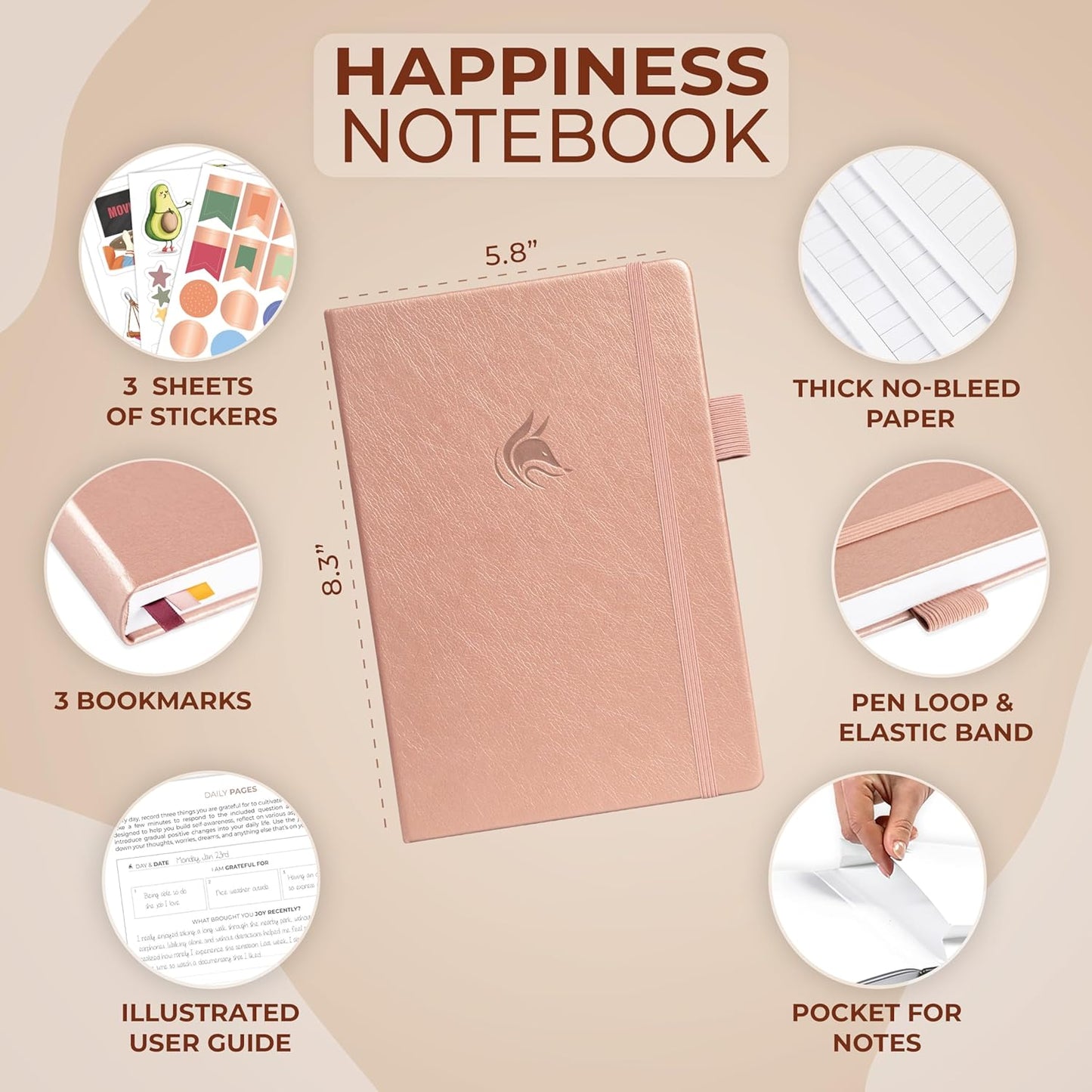 Clever Fox Happiness Notebook – Daily Positivity Journal for Women with Prompts & Positive Quotes – Affirmation & Self Esteem Gifts (Rose Gold)