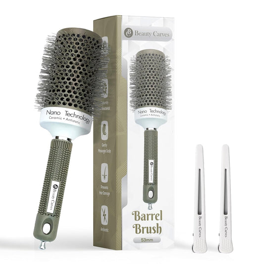Round Brush,53 mm/2.1Inch Barrel with 2 Clips Round Brush for Blow out with Flexible Nylon 66 Bristles Nano Ionic Heat Resistant Tech for Professional Curling, Styling & Shining Texture