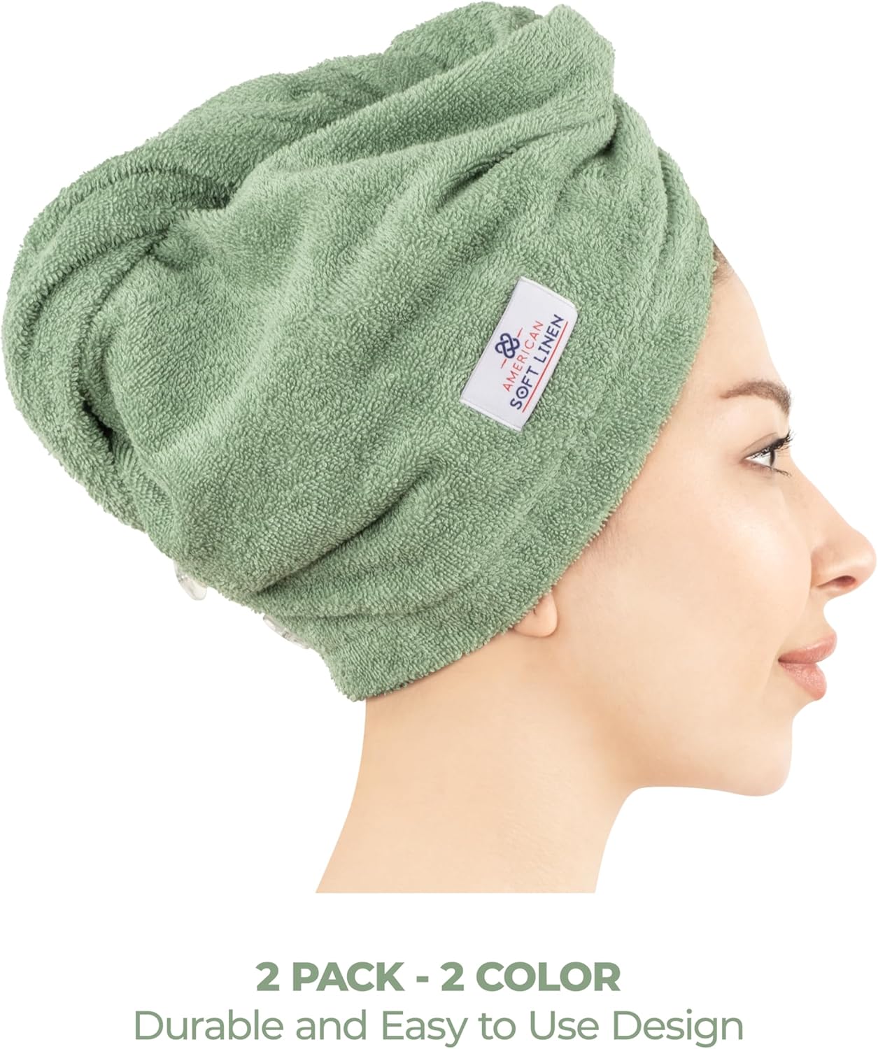 American Soft Linen 100% Cotton Hair Towels for Women, Head Towel Cap, Cotton Hair Turban Towel Wrap for Hair, Soft and Absorbent Cotton Hair Towels 2 Pack, White-Sage Green