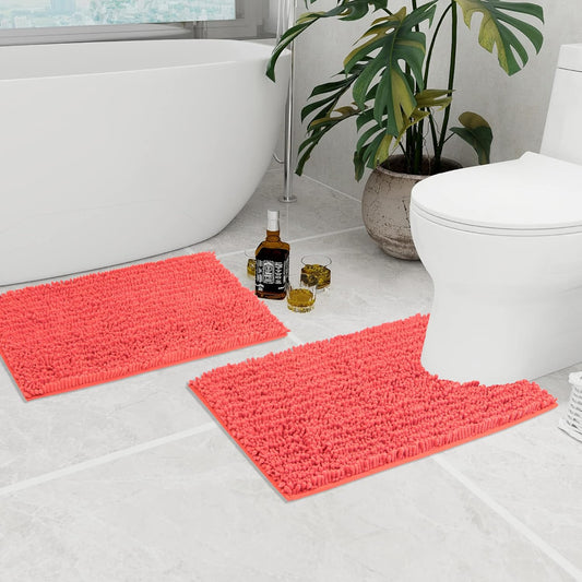 Walensee Bathroom Rug 2 Pieces Set Non Slip Bath Mat (20"x32" Plus 20"x24" U Living Coral) Water Absorbent Super Soft Shaggy Chenille Machine Washable Dry Extra Thick Perfect Carpet for Shower Floor