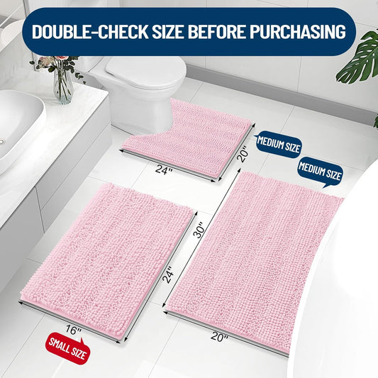 Grandaily Chenille Striped Bathroom Rugs 36x24, Extra Thick and Absorbent Bath Mats, Non-Slip Soft Plush Shaggy Shower Carpet, Machine Wash Dry, Bath Rug for Bathroom, (Large, Pink)
