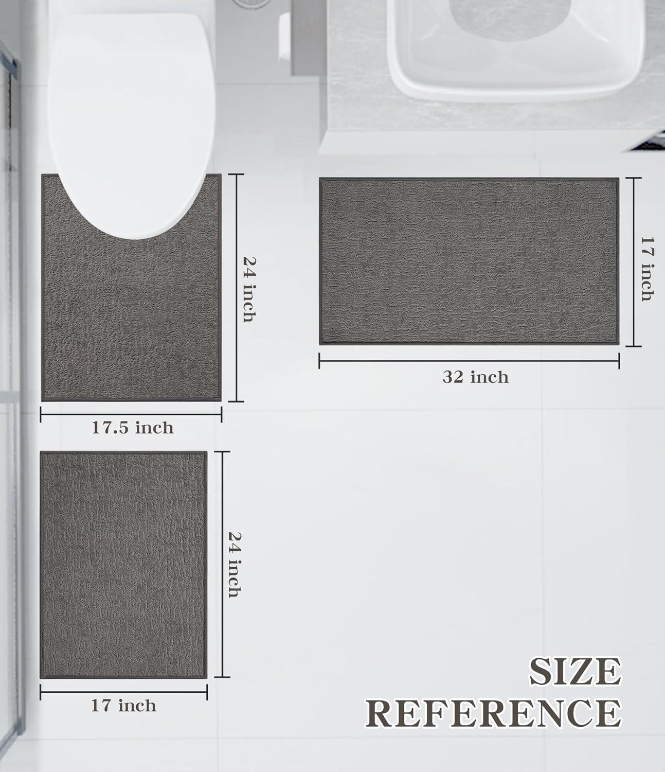 chakme Bathroom Rug Sets 3 Piece, Ultra Thin Bath Mat Quick Dry Bath Mat Set, Absorbent Bath Mat for Bathroom Non Slip Machine Washable, (Dark Grey, 3 Piece)