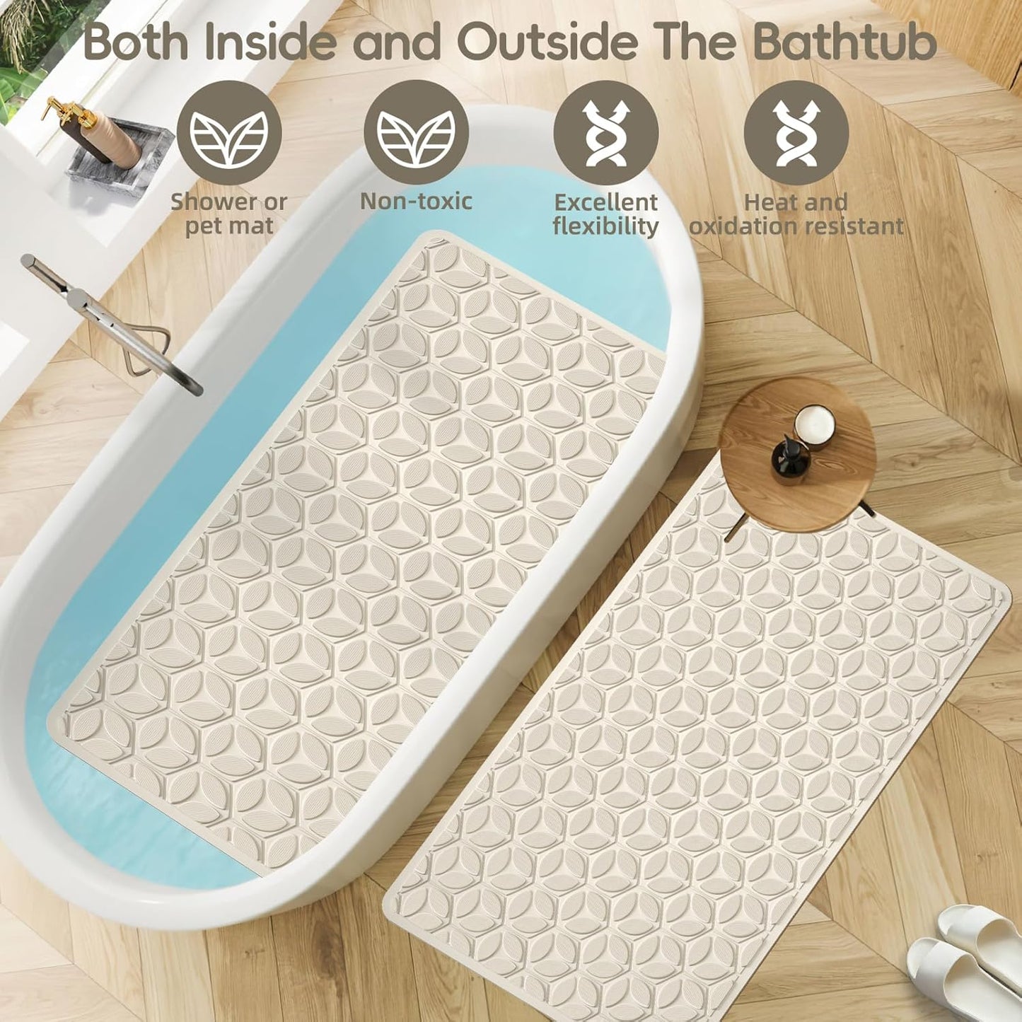 WRISIN Bathtub Mat Non Slip with Suction Cups - 100% Rubber Bathroom Mat Textured for Bath Tub Shower Safety - Soft on Touch - BPA/PVC Free - Pet Dog Bath Mat - Machine Washable - 16 × 28 Inch（Beige）