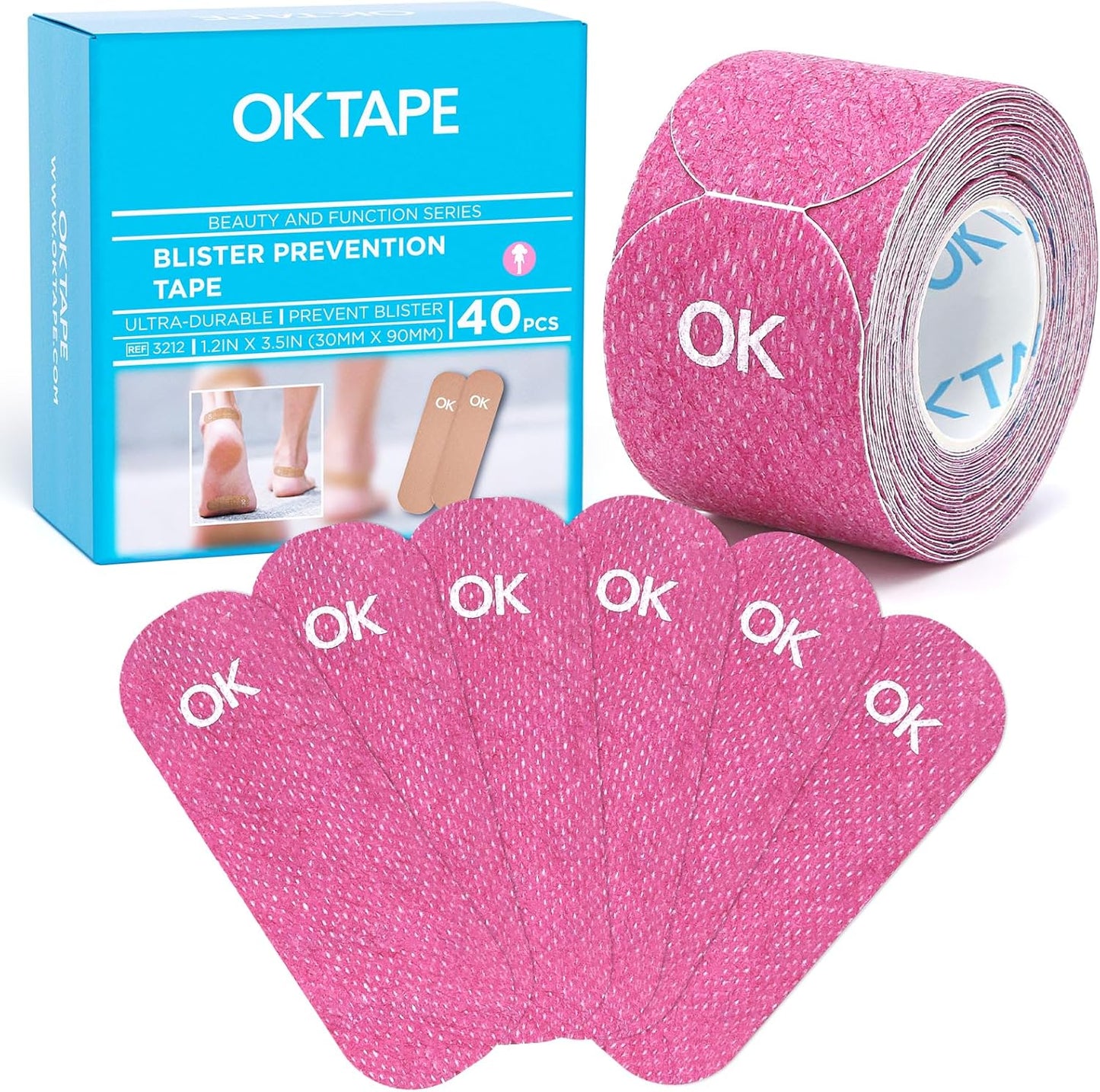 OK TAPE Pre-Cut Blister Bandages for feet | Blister Prevention Tape for Feet, Fingers, Toes | 1.2in x 3.5in,Pink,40pcs