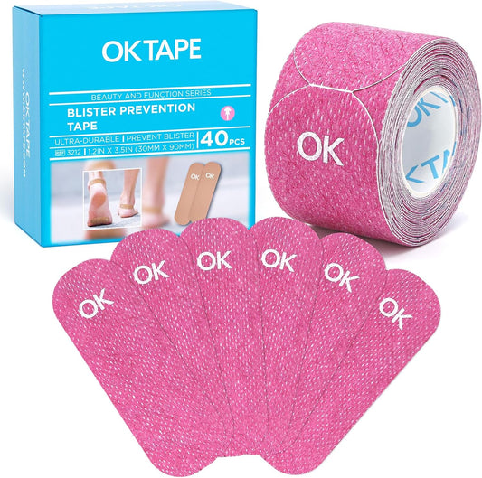 OK TAPE Pre-Cut Blister Bandages for feet | Blister Prevention Tape for Feet, Fingers, Toes | 1.2in x 3.5in,Pink,40pcs