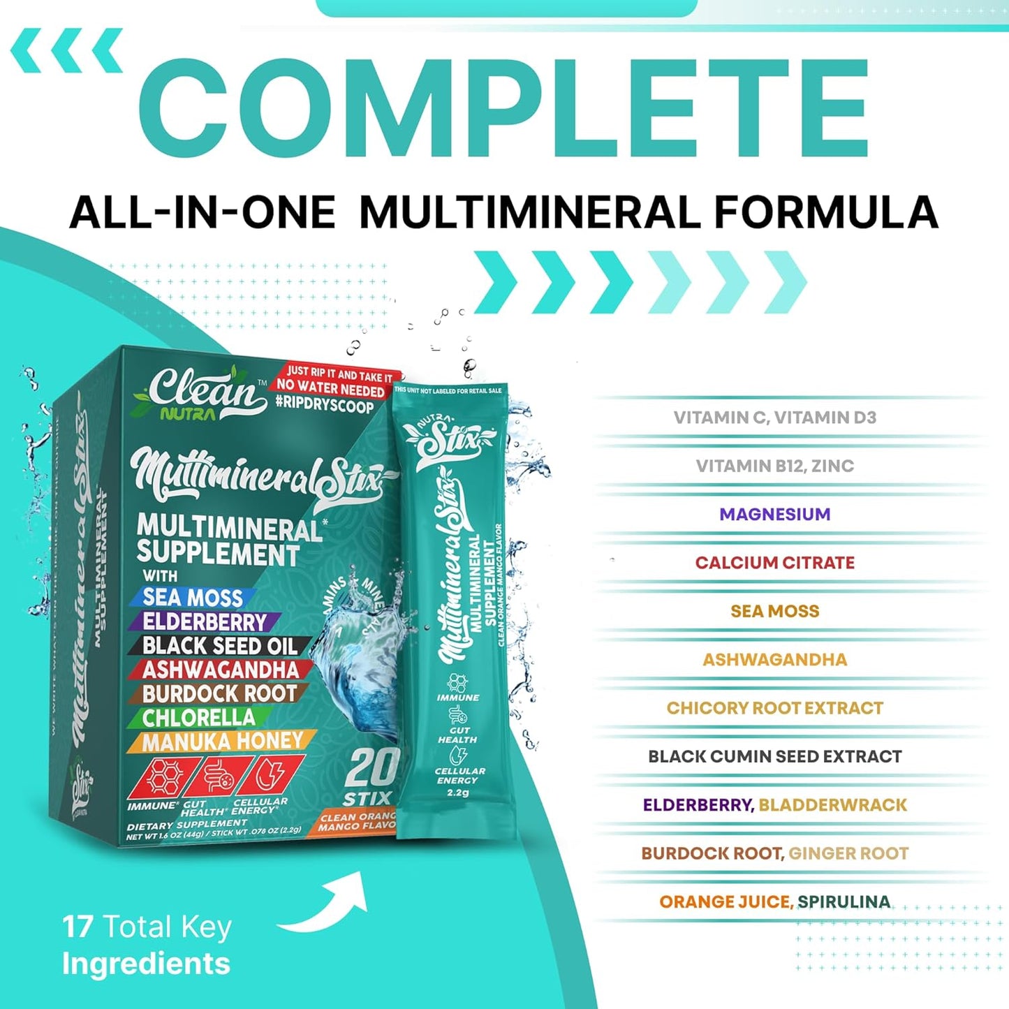Sea Moss Powder Elderberry Ashwagandha Chlorella Manuka Honey VitaminD3 Vitamin C Zinc Spirulina Iodine Greens Detox Immune Support Sugar Free Hydration Powder Drink Mix – 20 Sticks