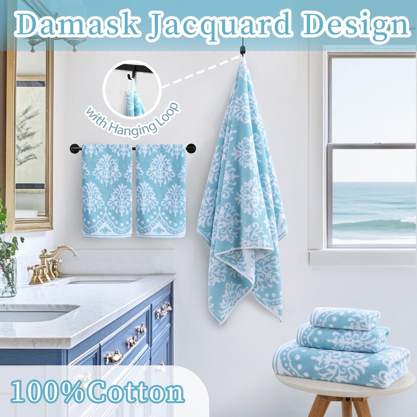 Patterned Bath Towels (4 Pack, 28"x52") - 100% Cotton | Quick Dry | Soft | Light Weight | Absorbent, Decorative Bath Towels Set for Bathroom, Bathroom Essentials, Aqua and White Damask Jacquard