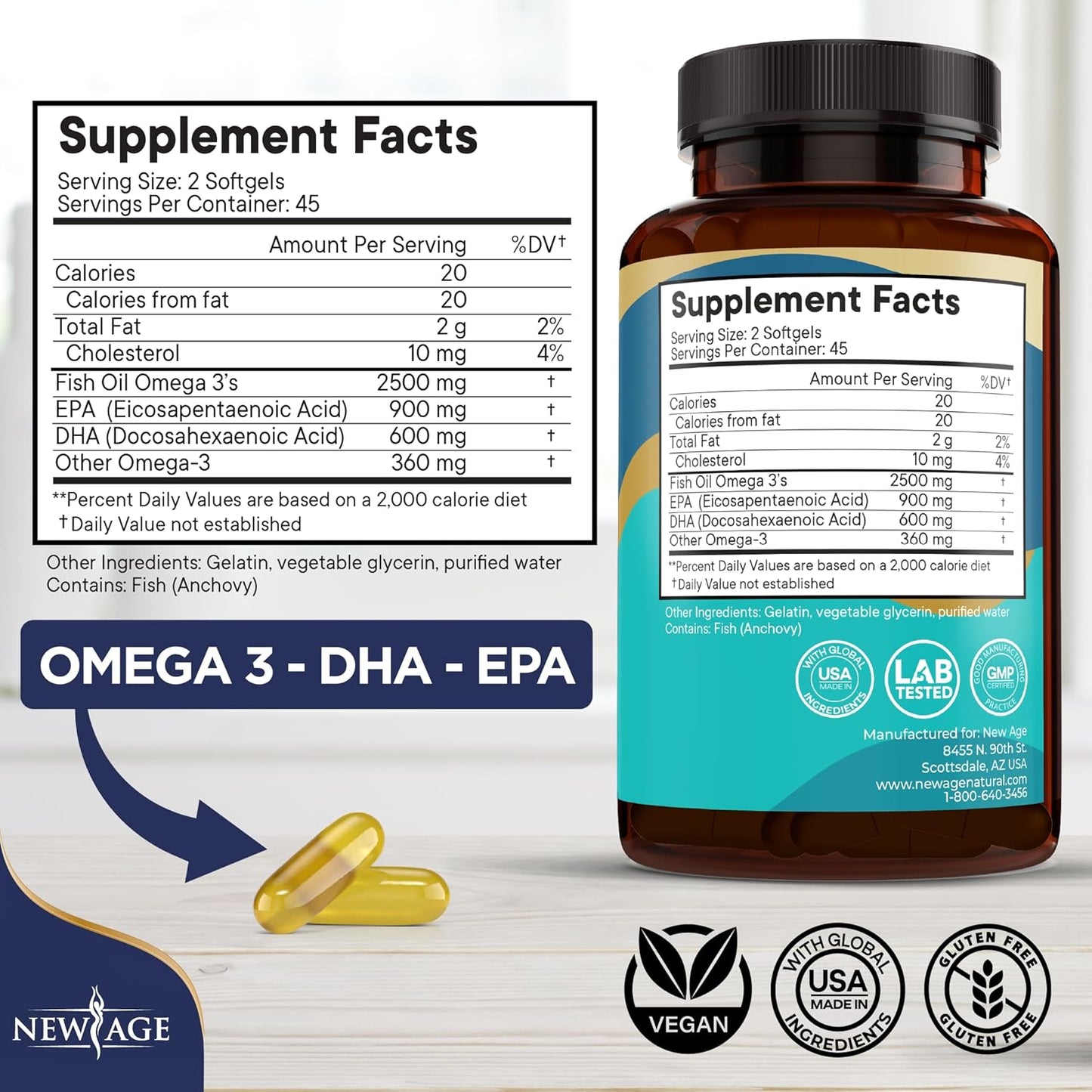 NEW AGE Omega 3 Fish Oil 2500mg Supplement Non GMO - EPA, DHA Fatty Acids Gluten Free (180 Softgels (Pack of 2))