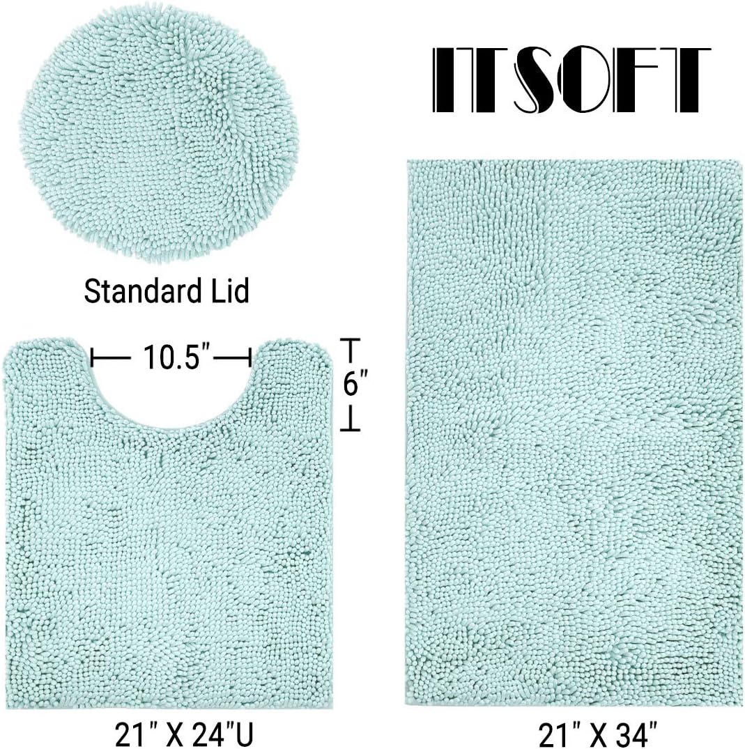 ITSOFT 3pc Non-Slip Shaggy Chenille Bathroom Mat Set, Includes 24 x 21 Inches U-Shaped Contour Toilet Rug, 34 x 21 Inches Bathmat and 1 Toilet Lid Cover, Spa Blue