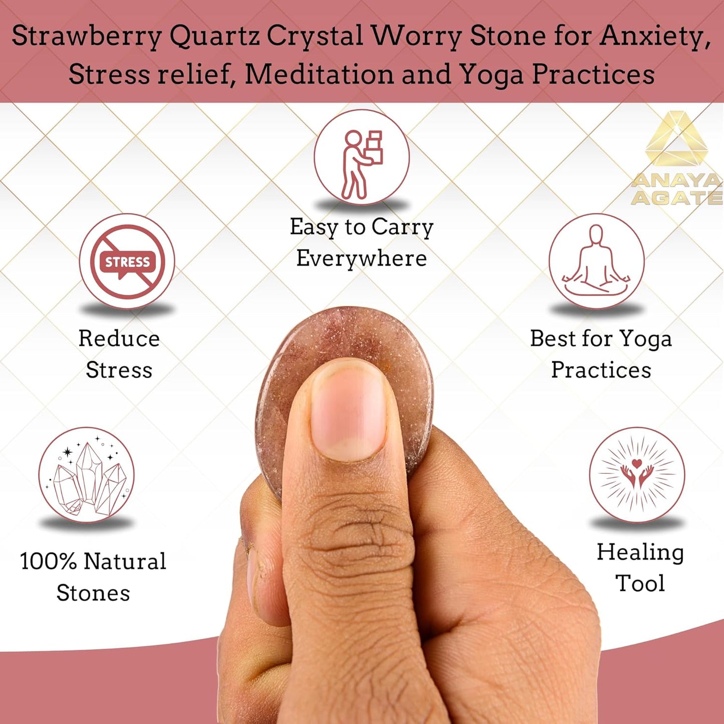 Strawberry Quartz Worry Stones – Crystal Thumb Worry Stone for Anguish, Stress – Relaxing and Soothing Balance Stones for Meditation, Stress Relief – Healing Stones and Crystals for Men and Women