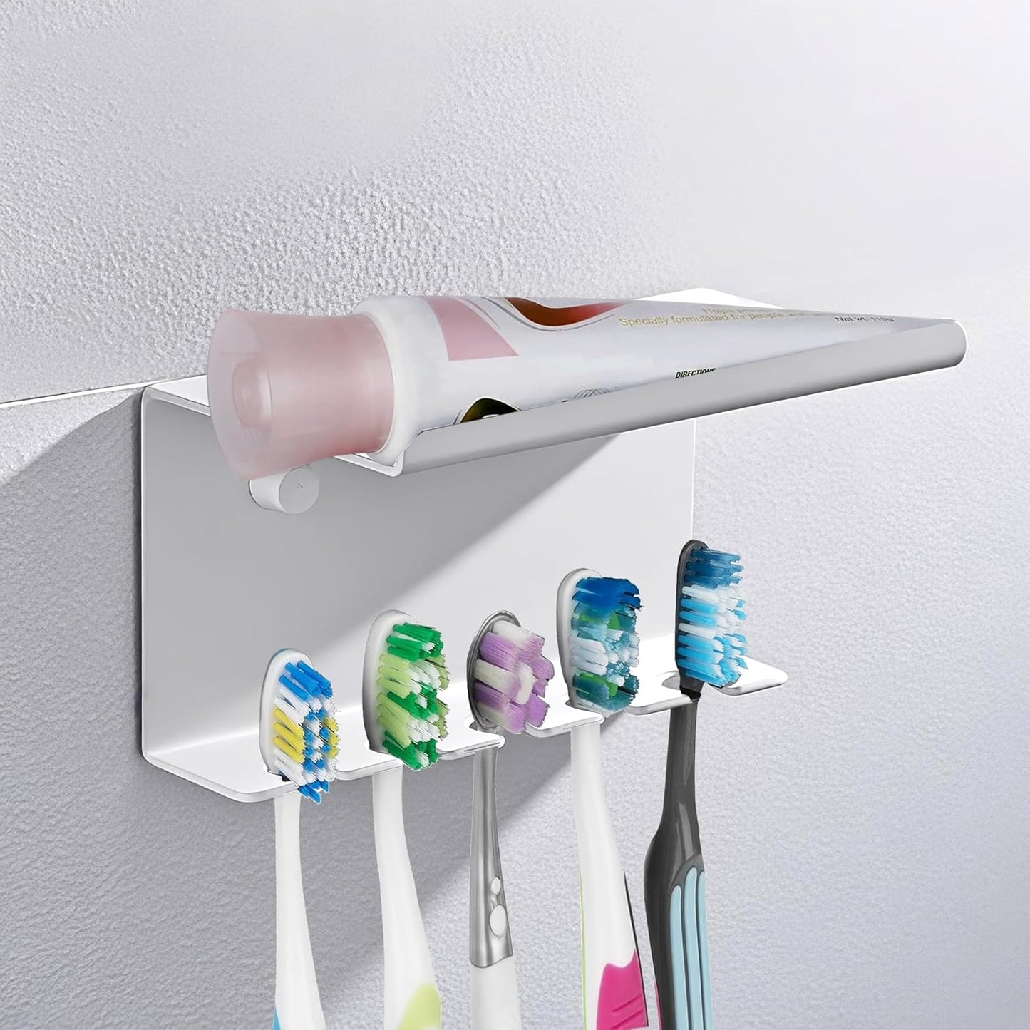 Wall Mounted Toothbrush Holder for Bathroom Shower, 5 Slots Aluminum Self-Adhesive Tooth Brush, Toothpaste Organizer Hanger Compatible with Colgate Extra Clean, Oral-B CrossAction, etc (White)