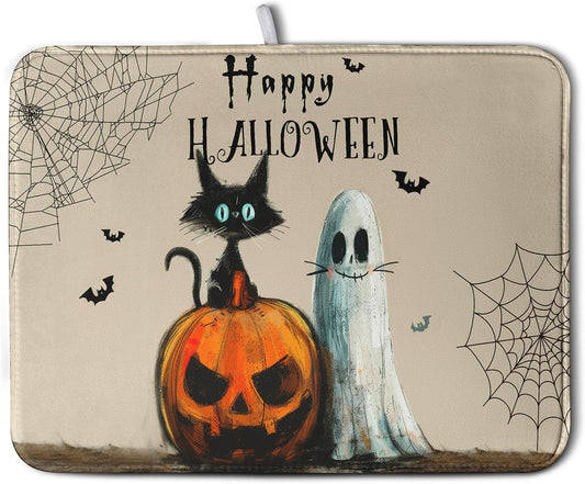 Happy Halloween Dish Drying Mat for Dishs 16x18 Inch Halloween Pumpkin Ghost Black Cat Kitchen Drying Mat Spooky Spiderweb Holiday Dish Drainer Mat Super Absorbent Dish Rack Pad for Coffee Bar Sinks