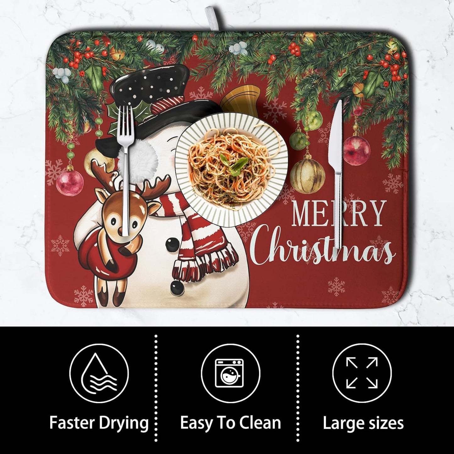 Christmas Dish Drying Mats for Kitchen Counter 16x18 Cute Snowman Red Dish Drying Pad for Dishes Winter Xmas Holiday Dish Draining Mat Absorbent Microfiber Dish Drainer Rack Mats