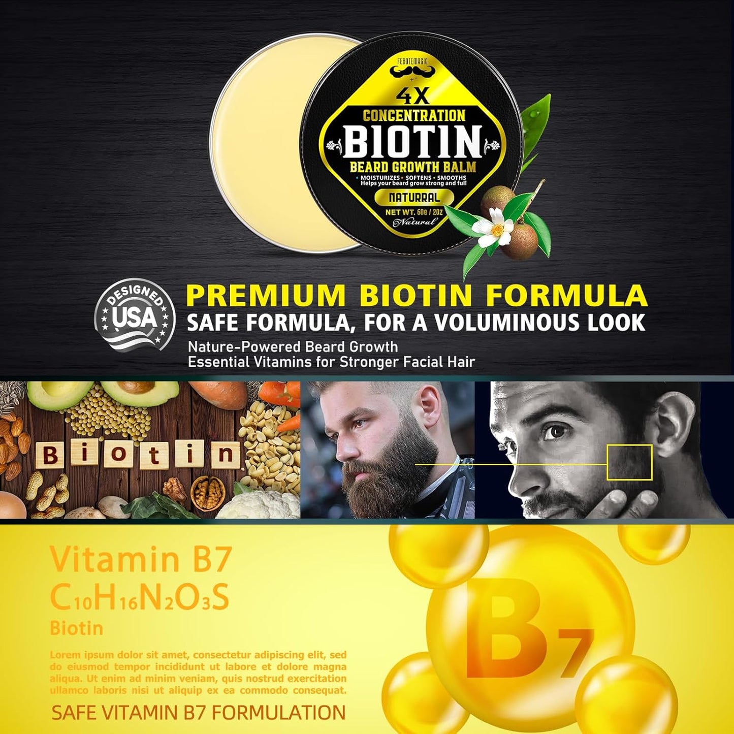 Biotin Beard Growth Balm for Men – Conditioning & Thickening Balm with Castor, Shea & Jojoba Oils – Non-Greasy, Softens & Nourishes for Fuller, Thicker Facial Hair – Unscented – 2 oz