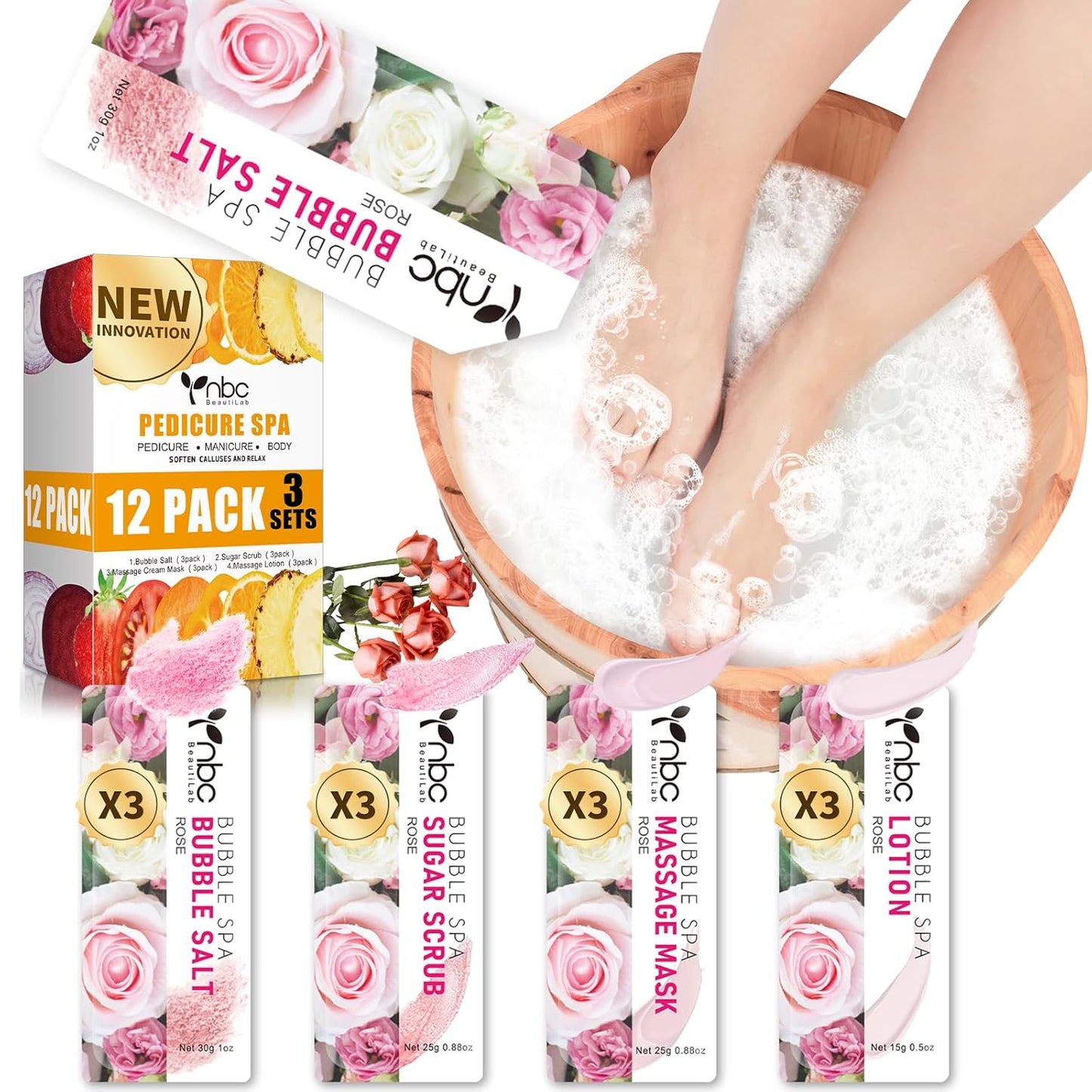 Pedicure Kit Foot Soak Set: Bubble Salt, Sugar Scrub, Massage Mask, Massage Lotion in a Box, 4 Step Foot Spa Kit for Dry Feet, Softens Calluses, Soothes Sore, Tired Feet（3 Set Rose)
