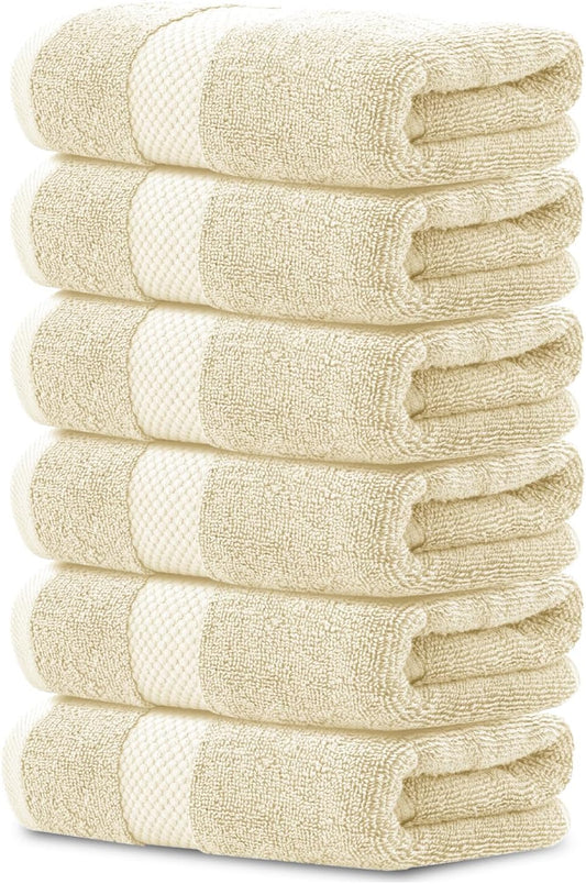 White Classic Luxury Beige Hand Towels - Soft 100% Turkish Cotton | Highly Absorbent Hotel spa Bathroom Towel Collection | 16x30 Inch | Set of 6