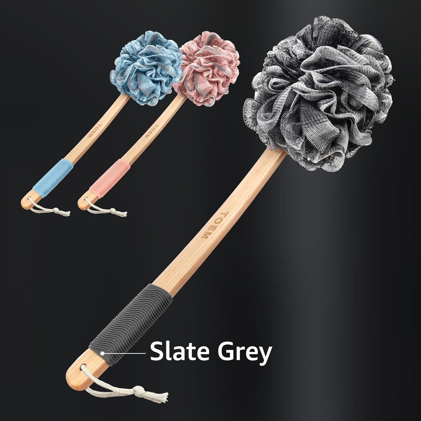 Loofah Back Scrubber for Shower | Bamboo Charcoal Fiber Infused | Loufas for Men & Women | Includes 1 Long Handled Shower Sponge, 1 Bath & Shower Luffa Pouf & 1 Hook to Hang Stuff (Slate Grey)