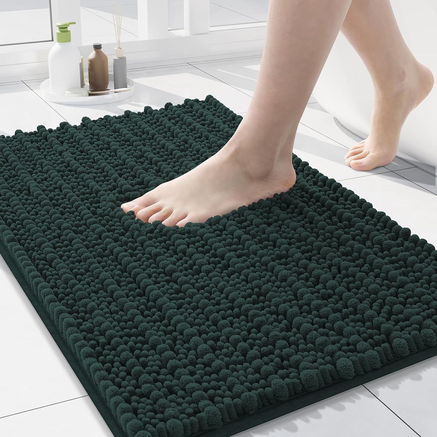Arotive Luxury Chenille Bathroom Rug Mat, Extra Soft Thick Absorbent Shaggy Bath Rugs, Non-Slip Machine Wash Dry, Plush Bath Mats for Bathroom, Shower and Tub, 30x17, Dark Green